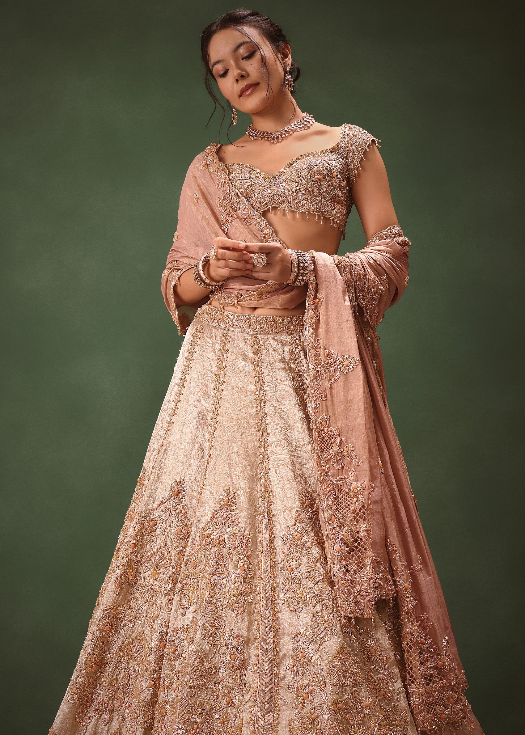 Peach Brocade Embroidered Bridal Lehenga