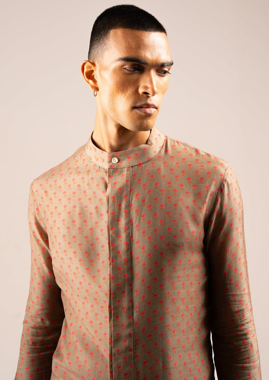 Khaki Marigold Side Slit Kurta Pajama Set