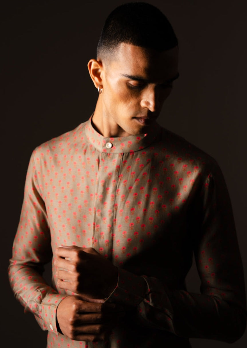 Khaki Marigold Side Slit Kurta Pajama Set