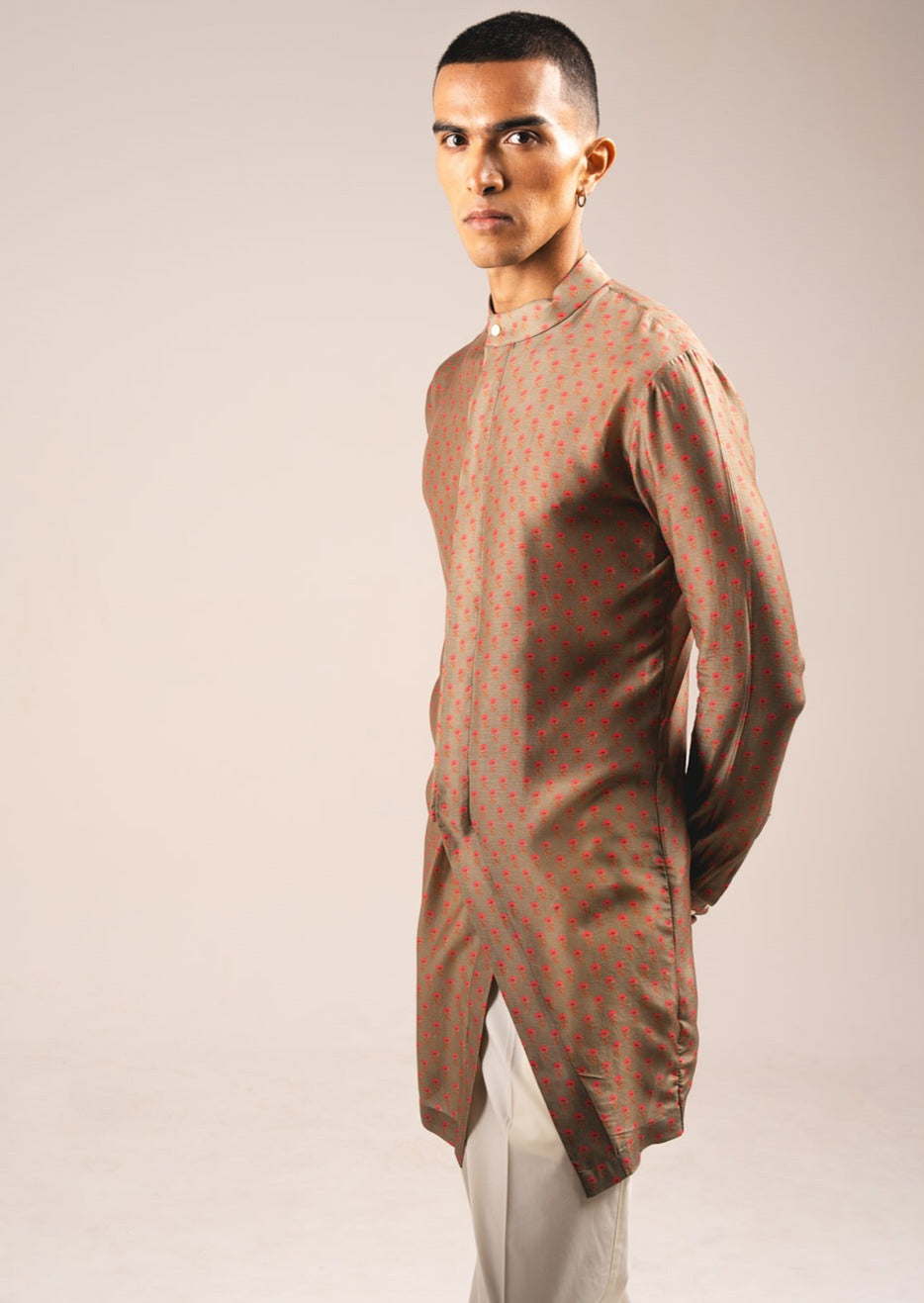 Khaki Marigold Side Slit Kurta Pajama Set