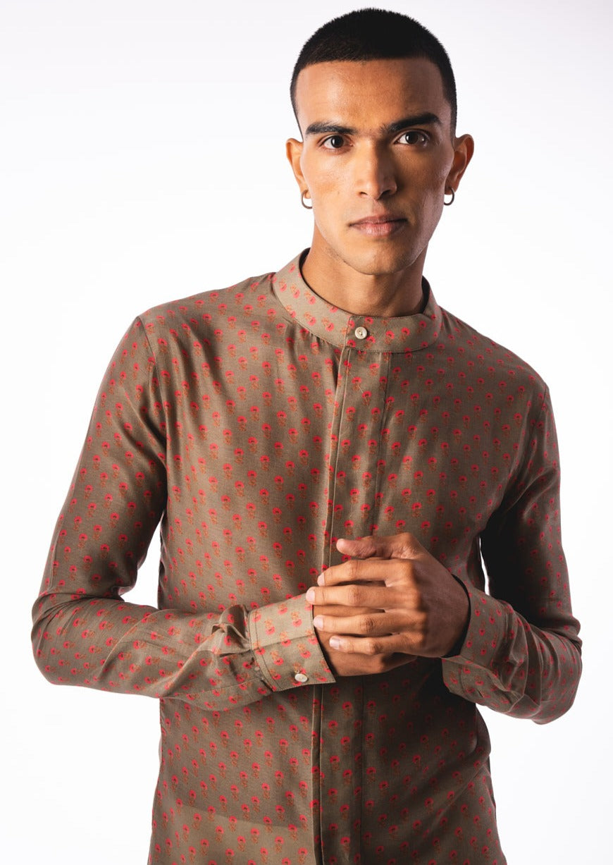 Khaki Marigold Side Slit Kurta Pajama Set