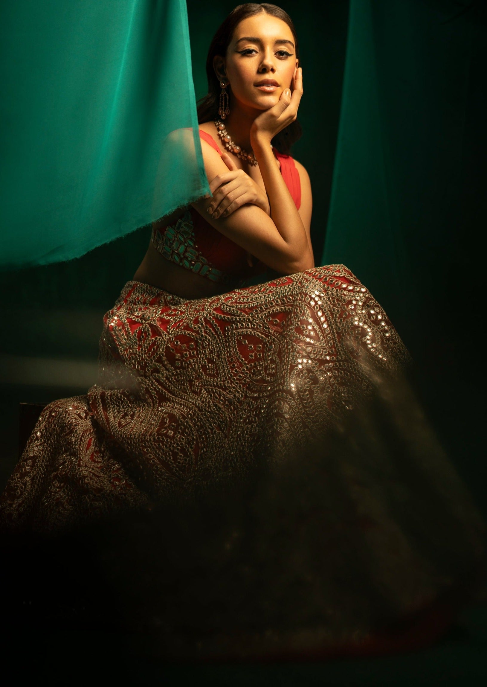 Red Mirrorwork Lehenga Set