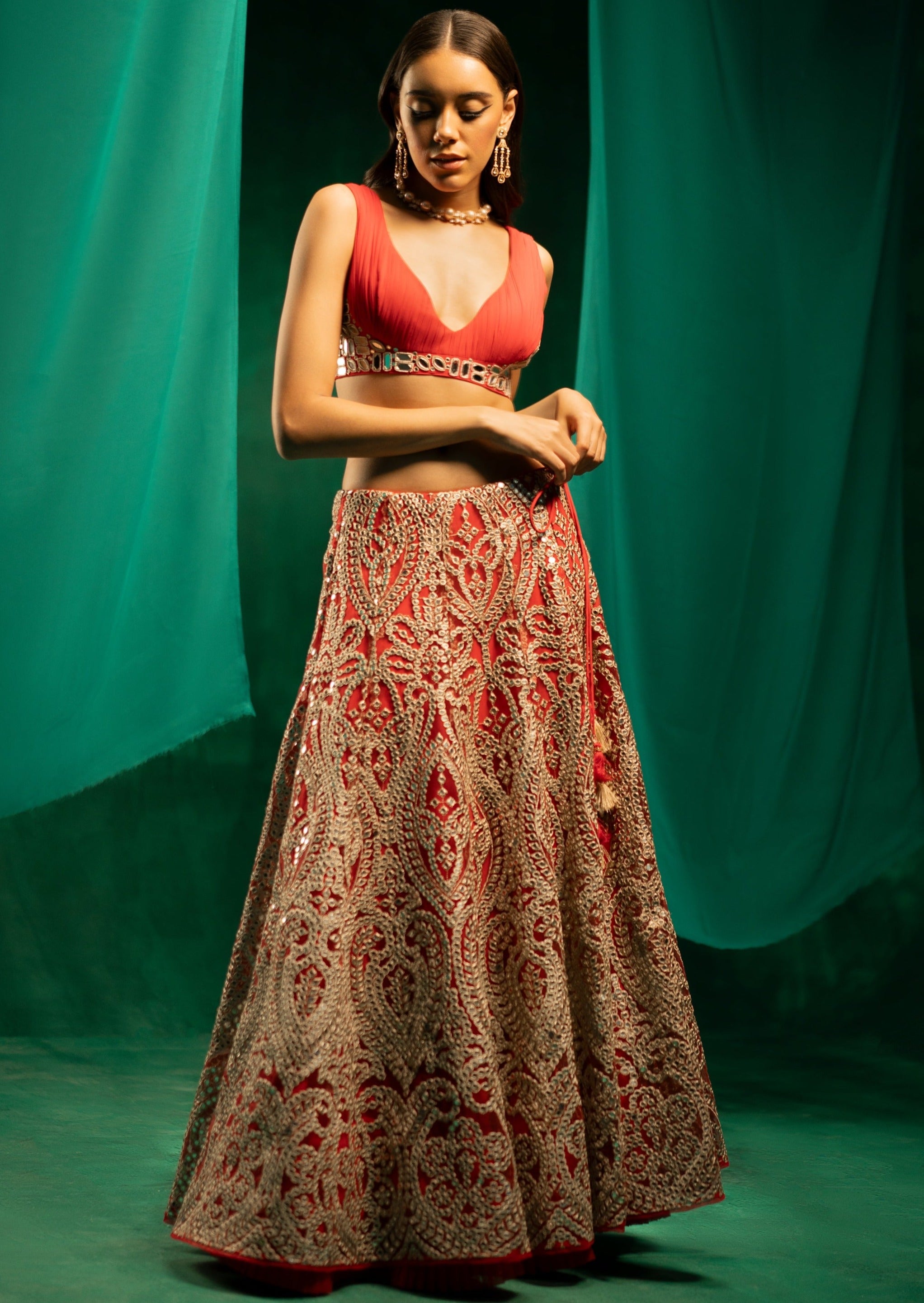 Red Mirrorwork Lehenga Set