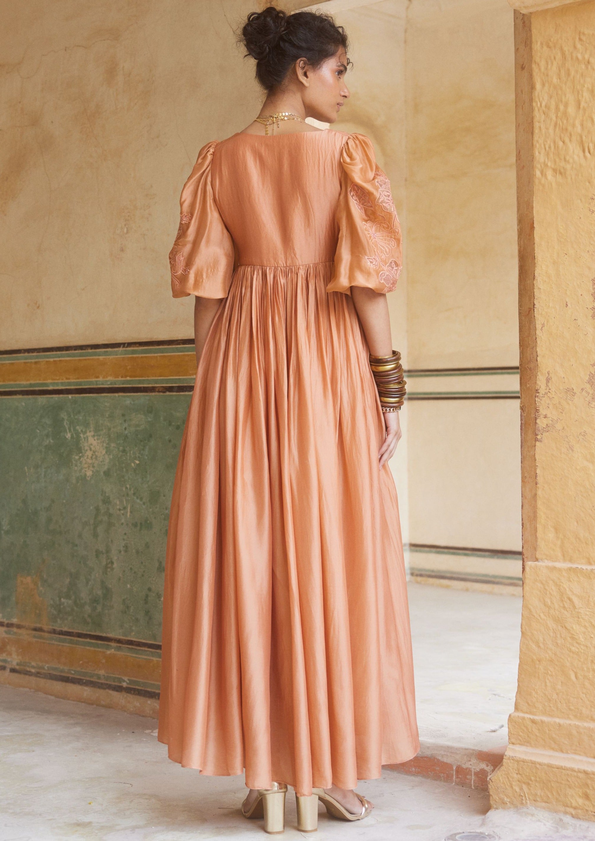 Peachy Orange Silk Organza Maxi Dress