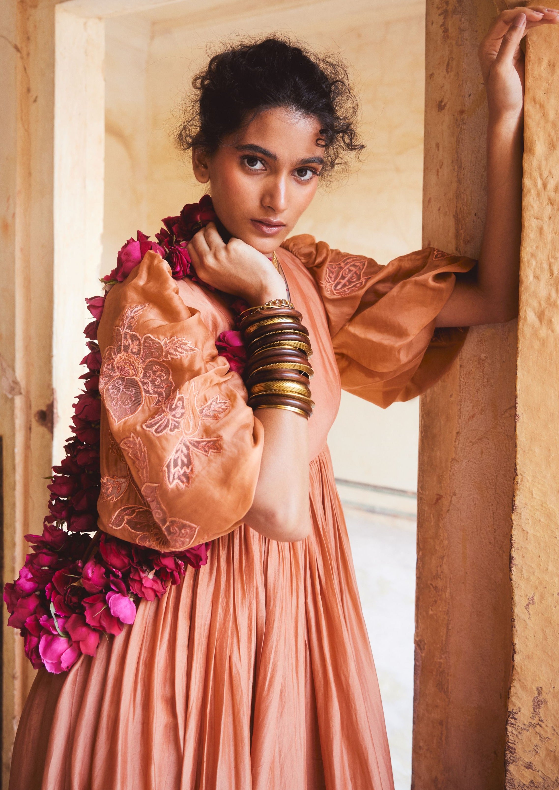 Peachy Orange Silk Organza Maxi Dress