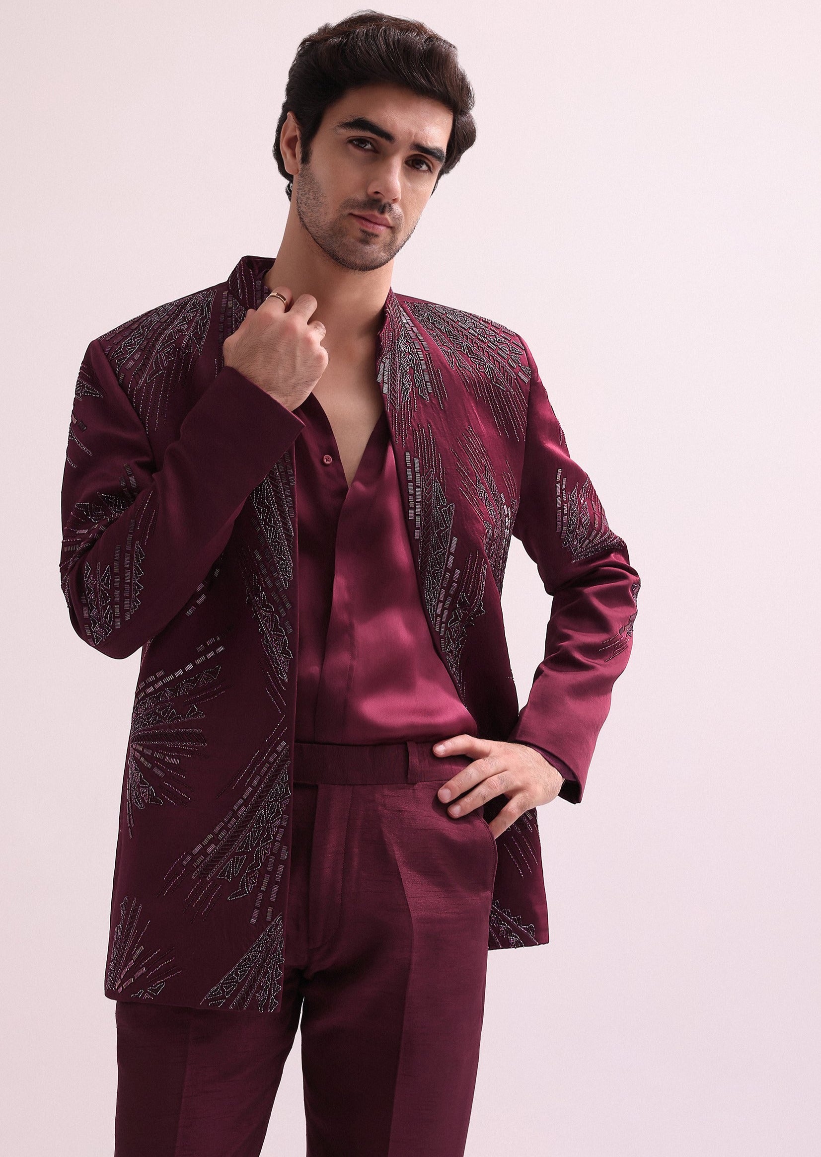 Maroon Linen Satin Jodhpuri Set