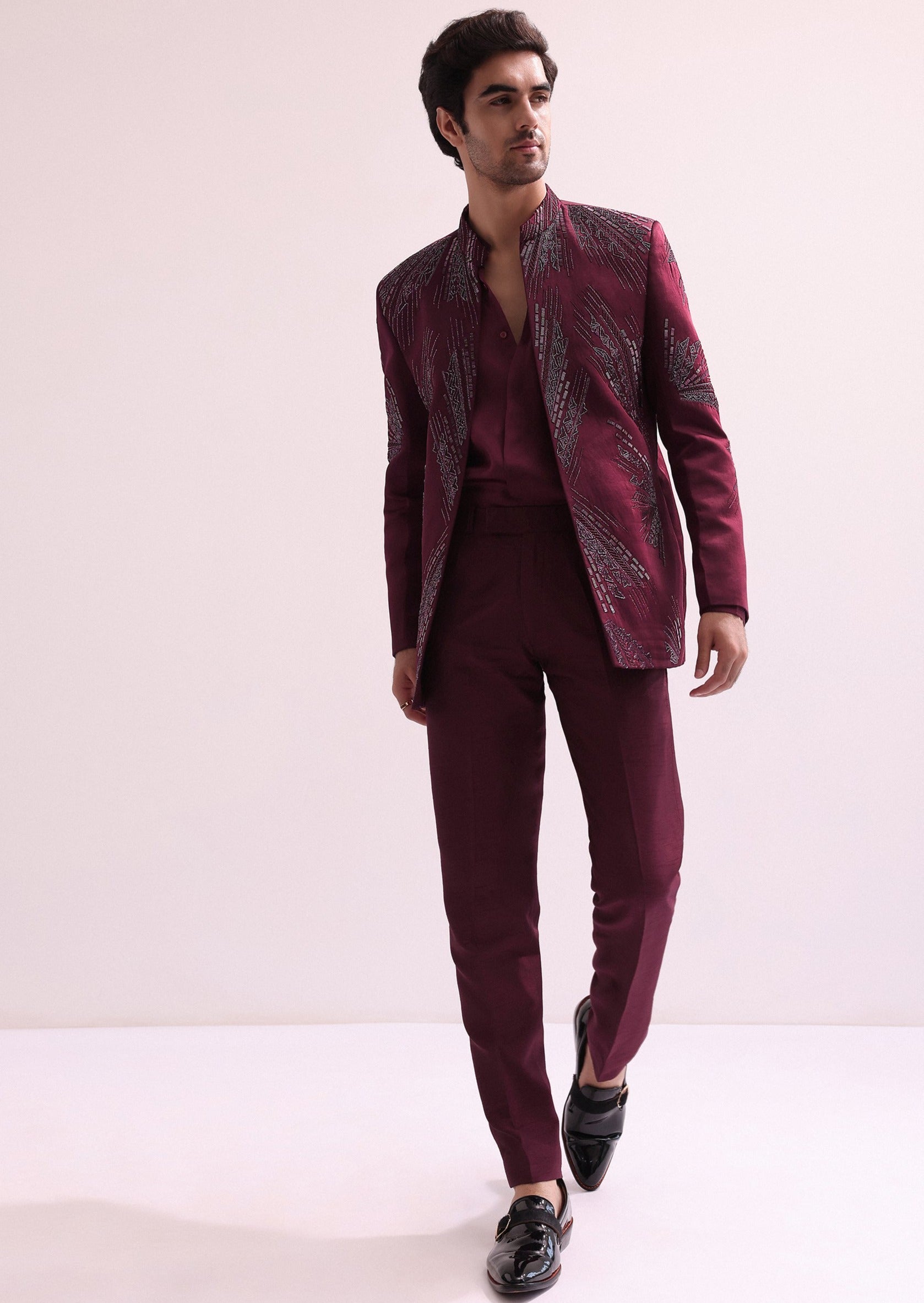 Maroon Linen Satin Jodhpuri Set