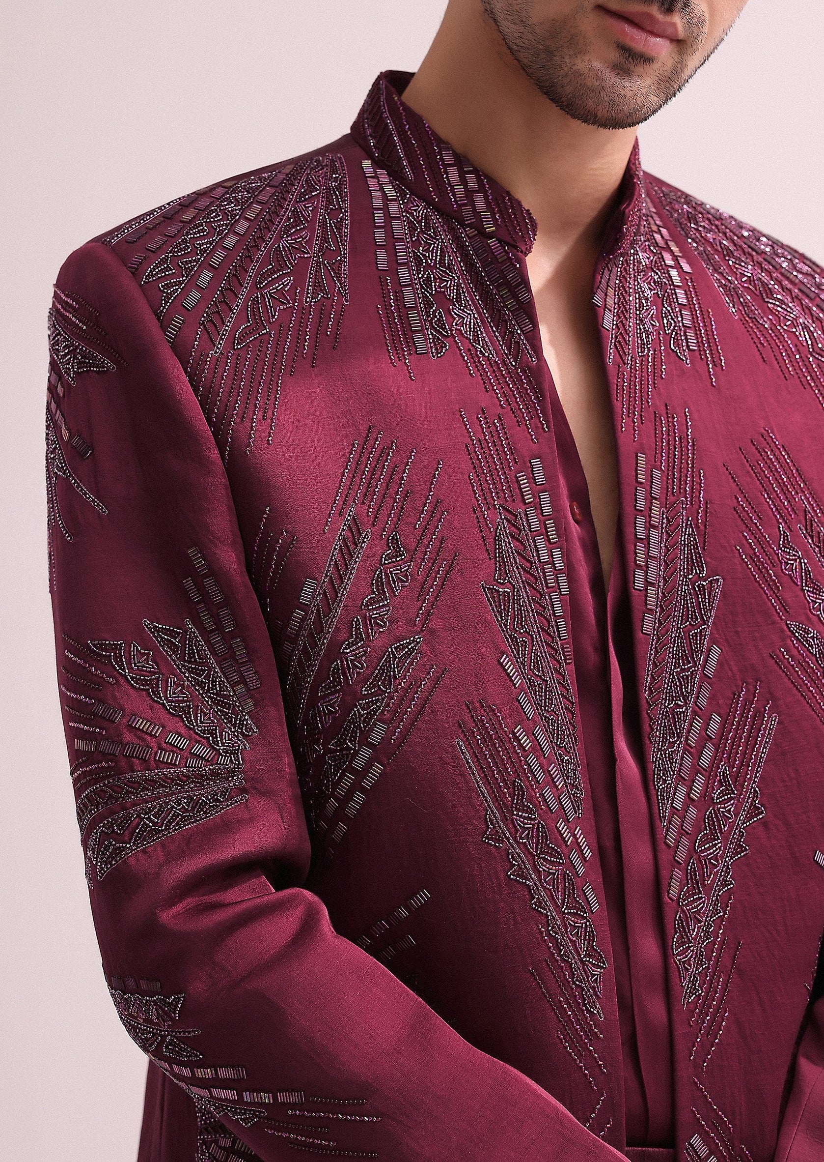 Maroon Linen Satin Jodhpuri Set