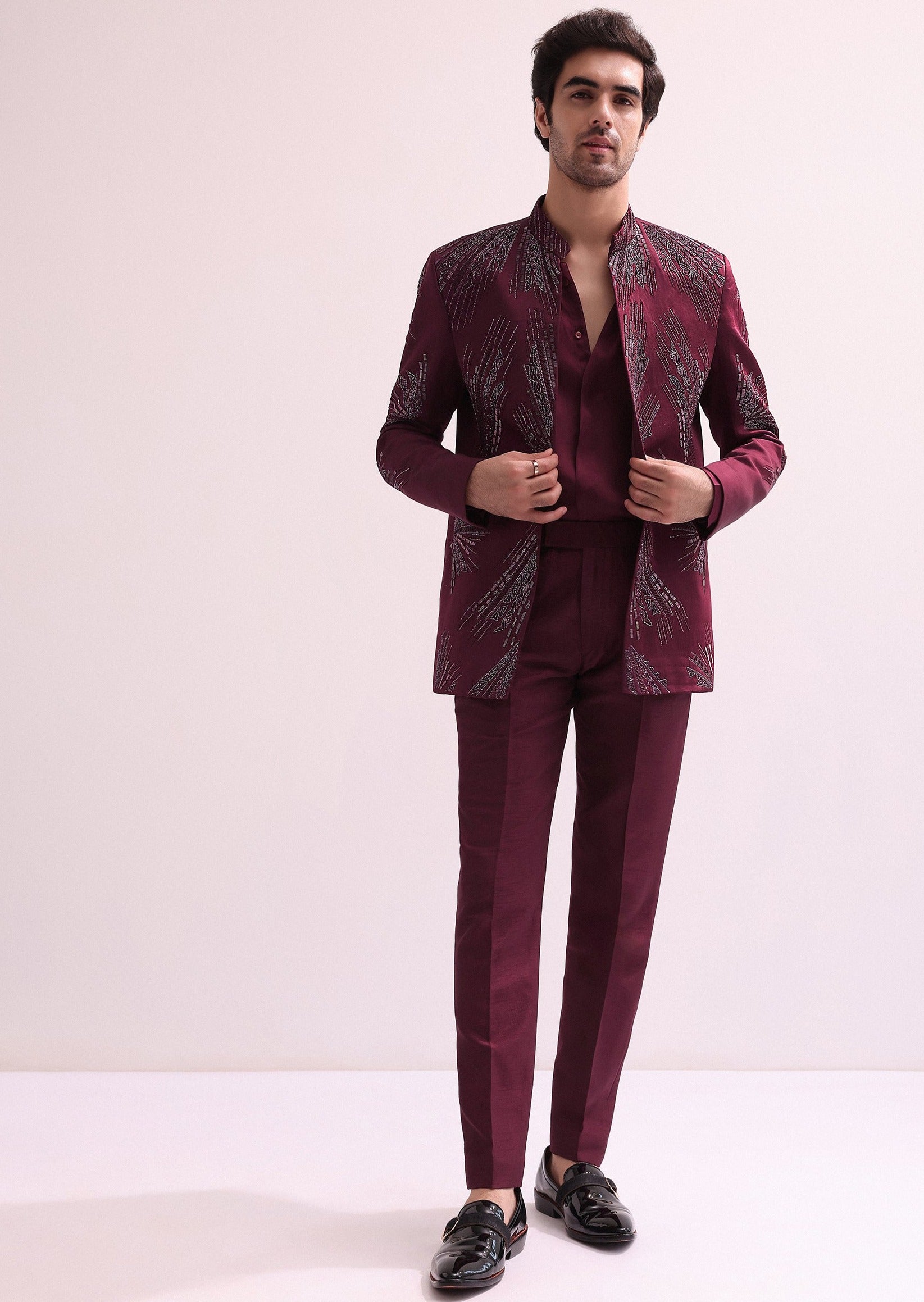 Maroon Linen Satin Jodhpuri Set