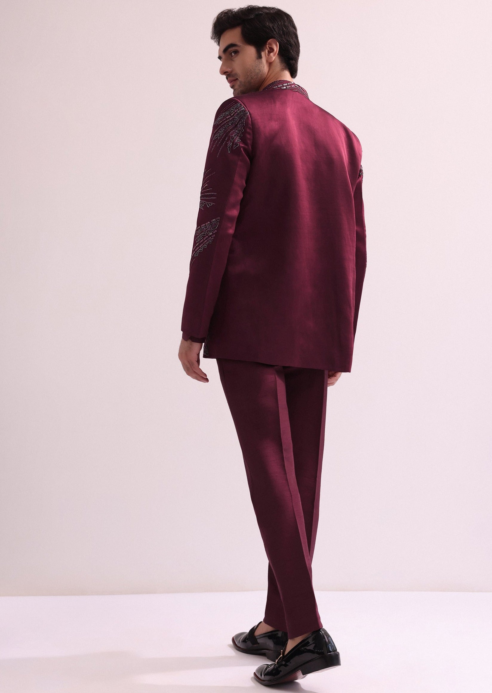 Maroon Linen Satin Jodhpuri Set