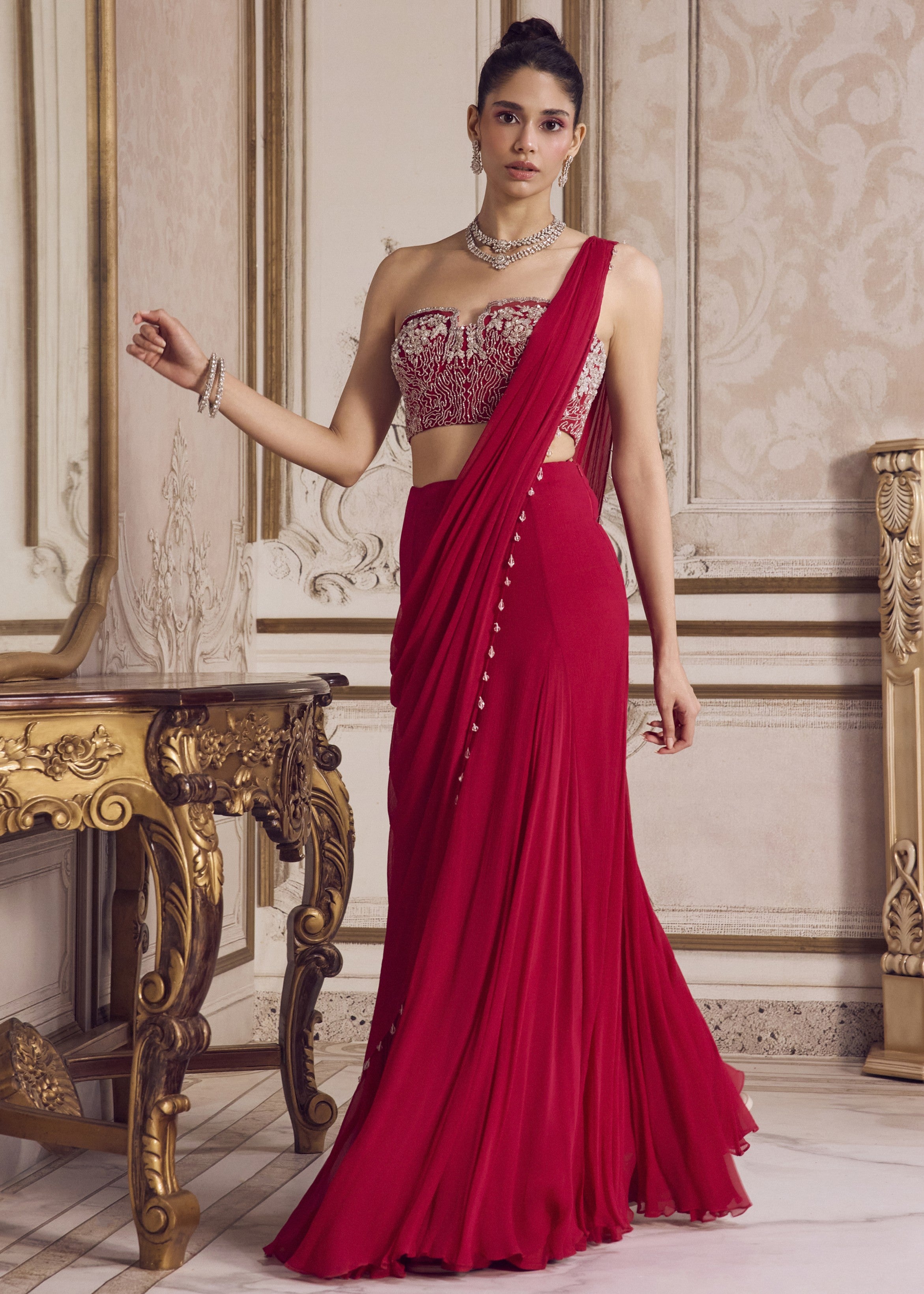 Magenta Chiffon Sari With Corset