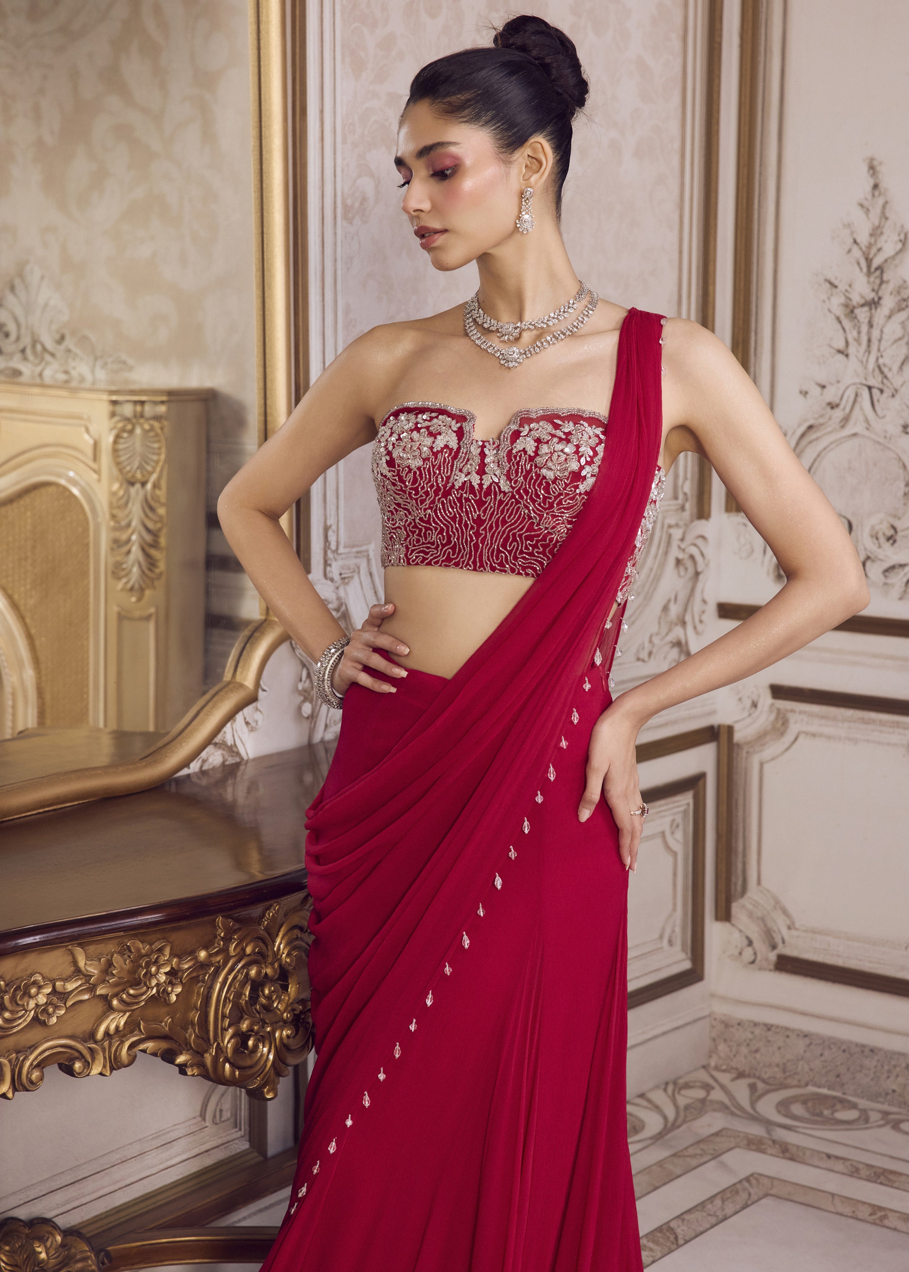 Magenta Chiffon Sari With Corset