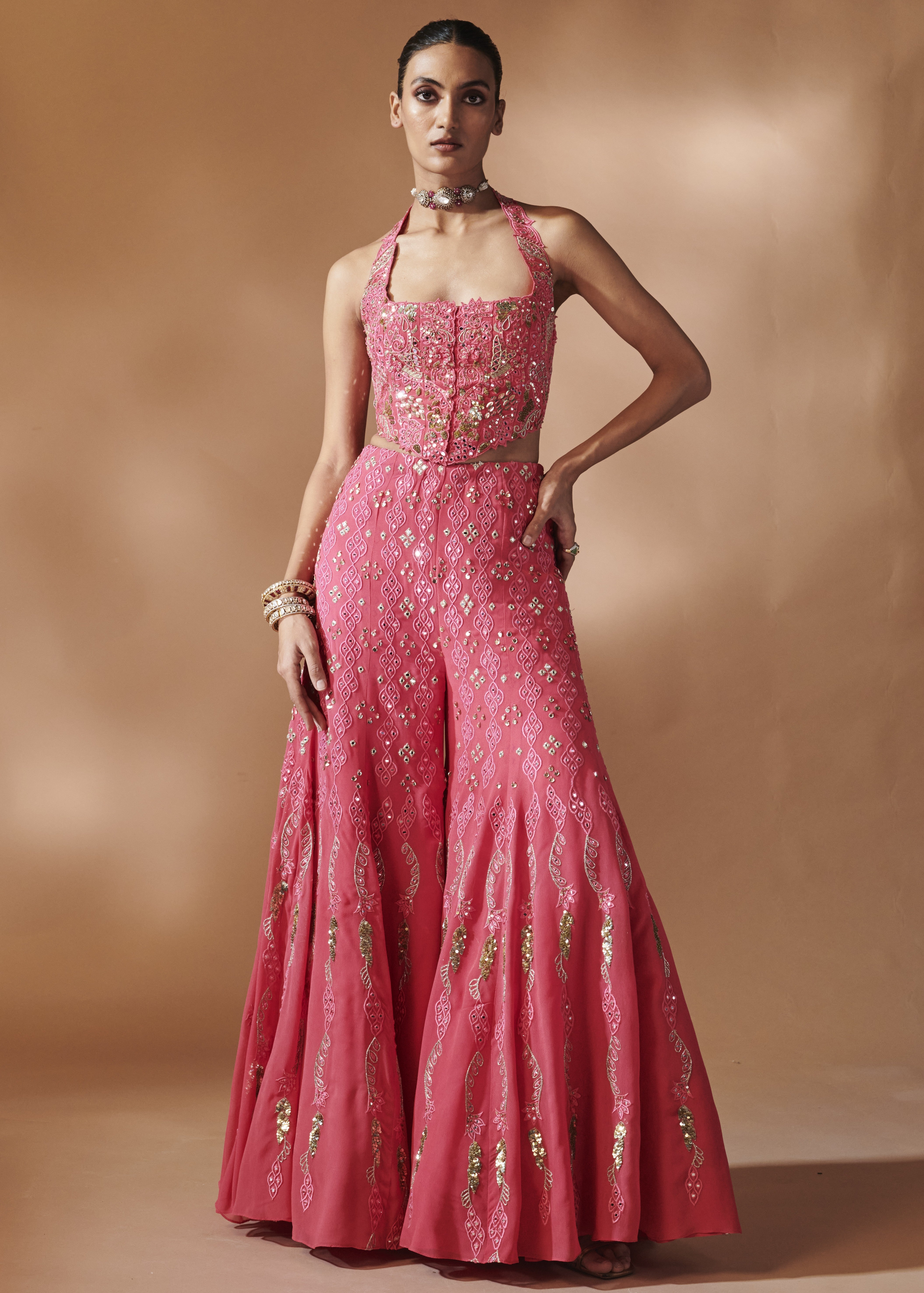 Pink High Waist Sharara With A Corset Blouse