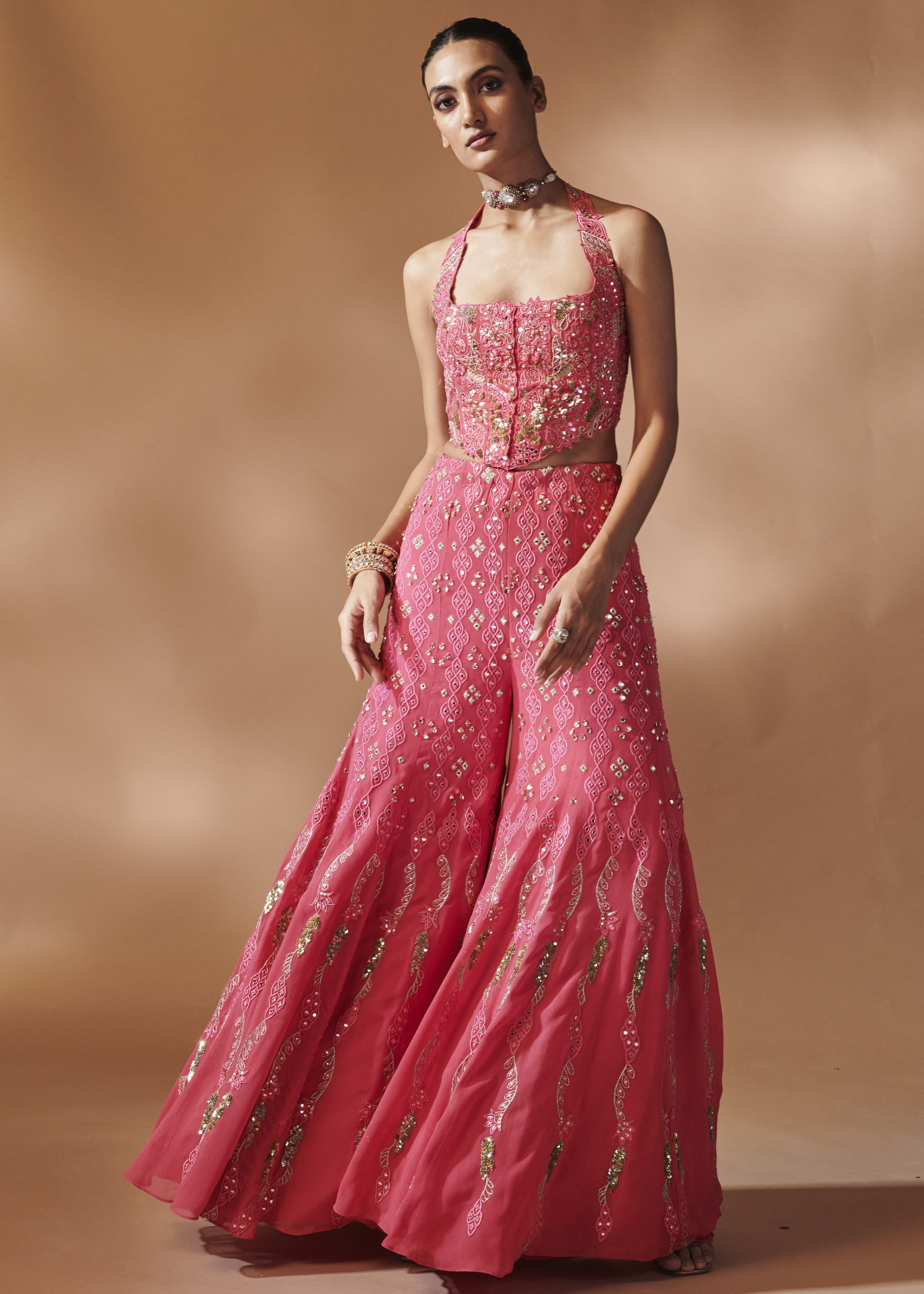 Pink High Waist Sharara With A Corset Blouse