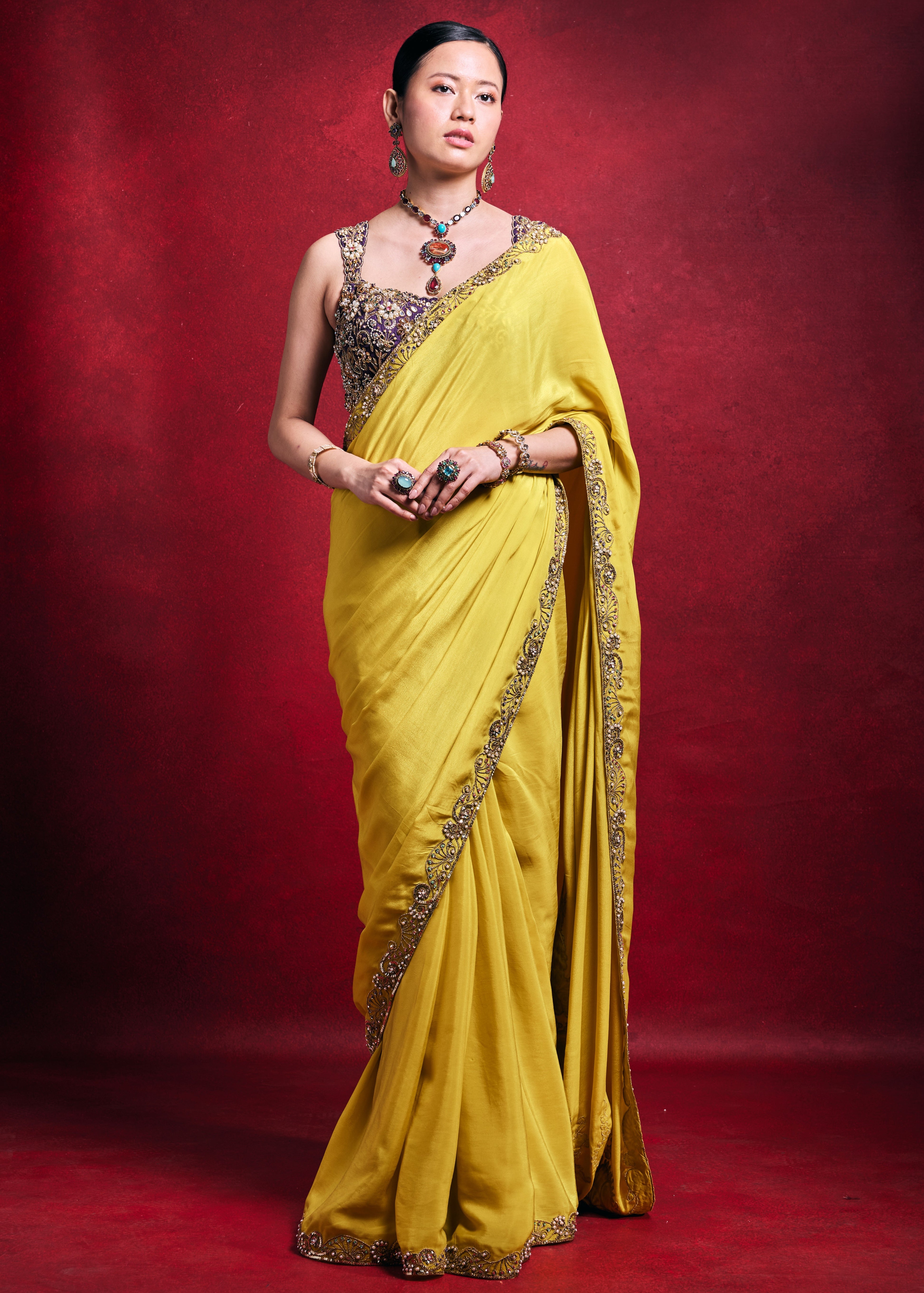 Yellow Crepe Sari Set