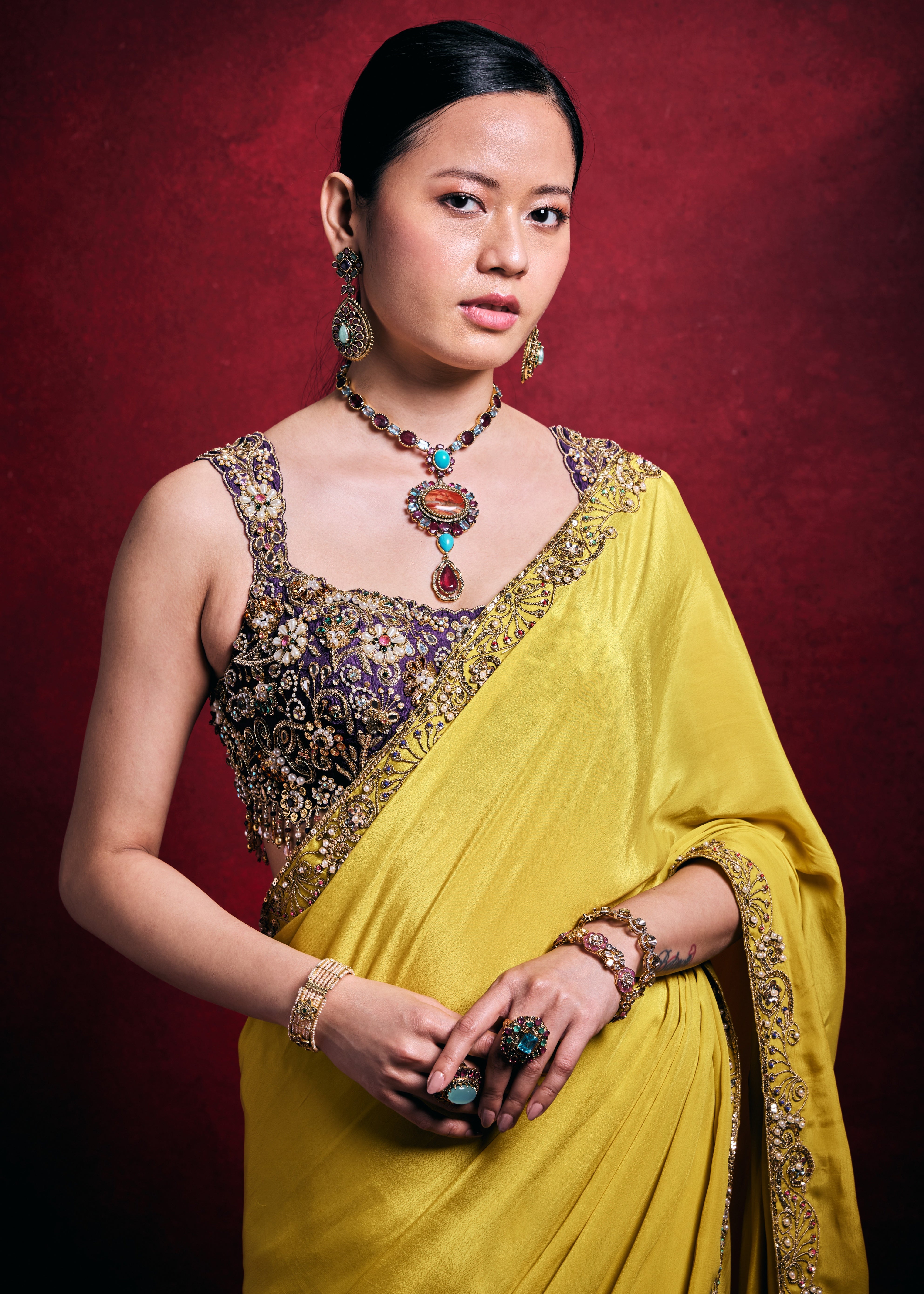 Yellow Crepe Sari Set