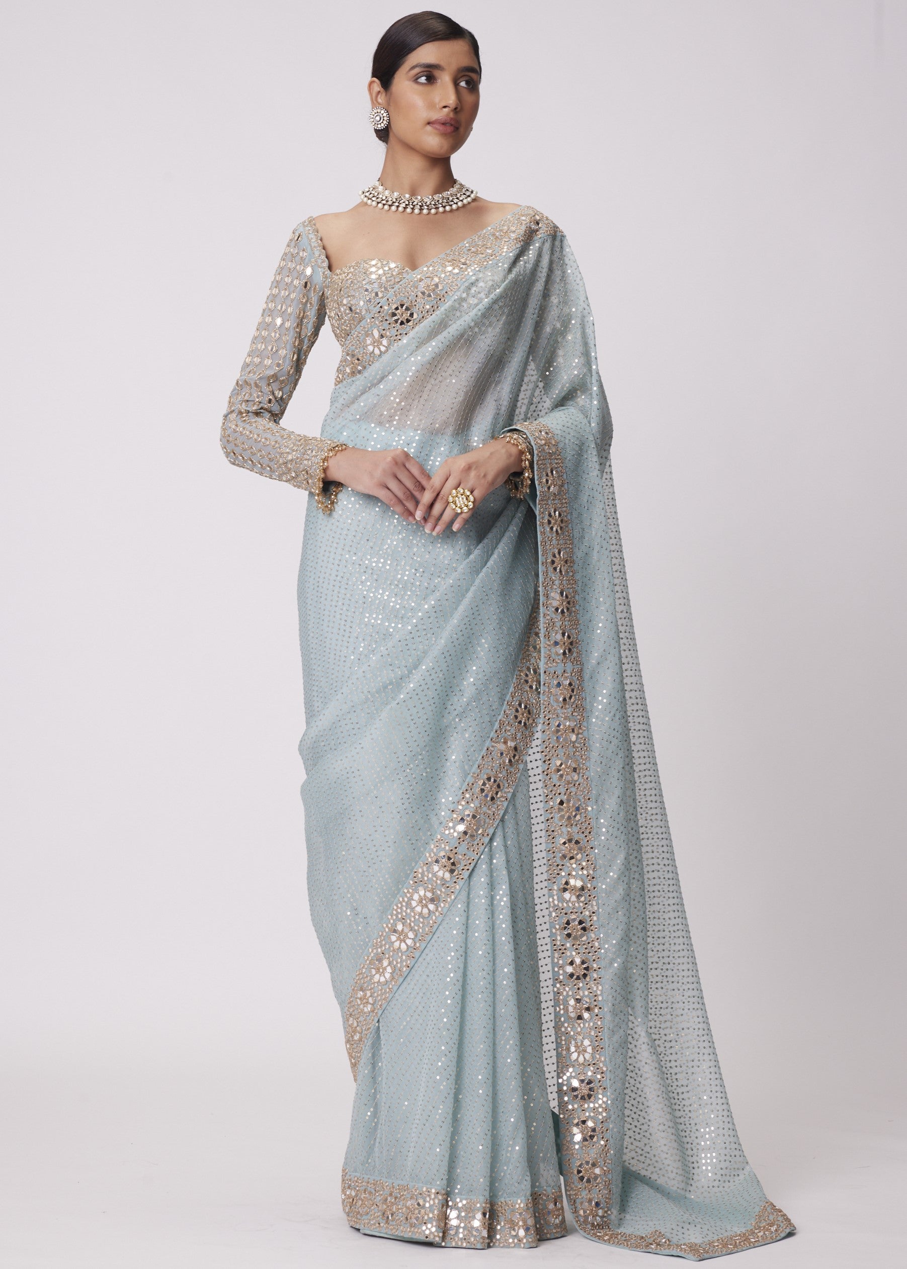 Powder Blue Organza Sari Set
