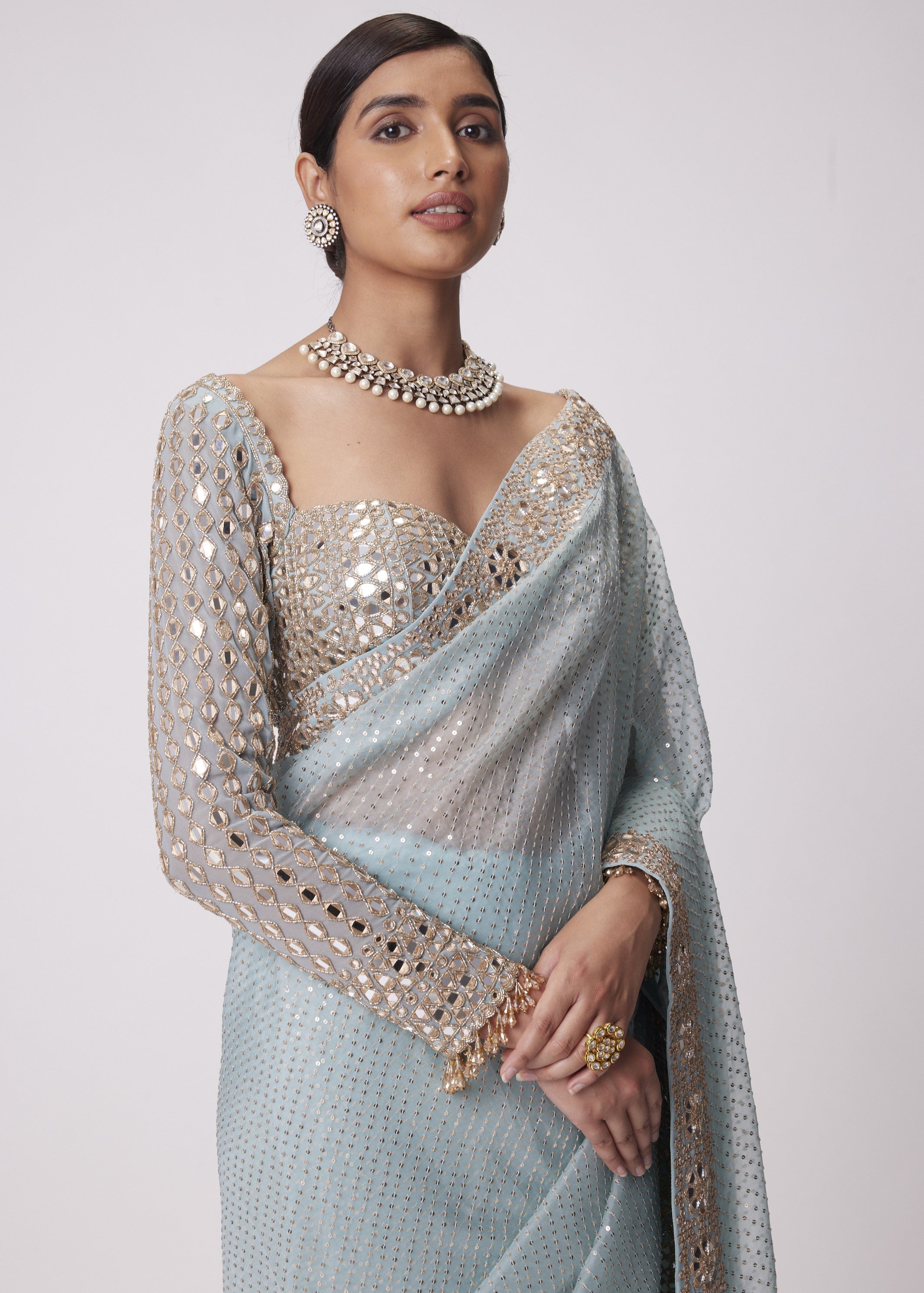 Powder Blue Organza Sari Set