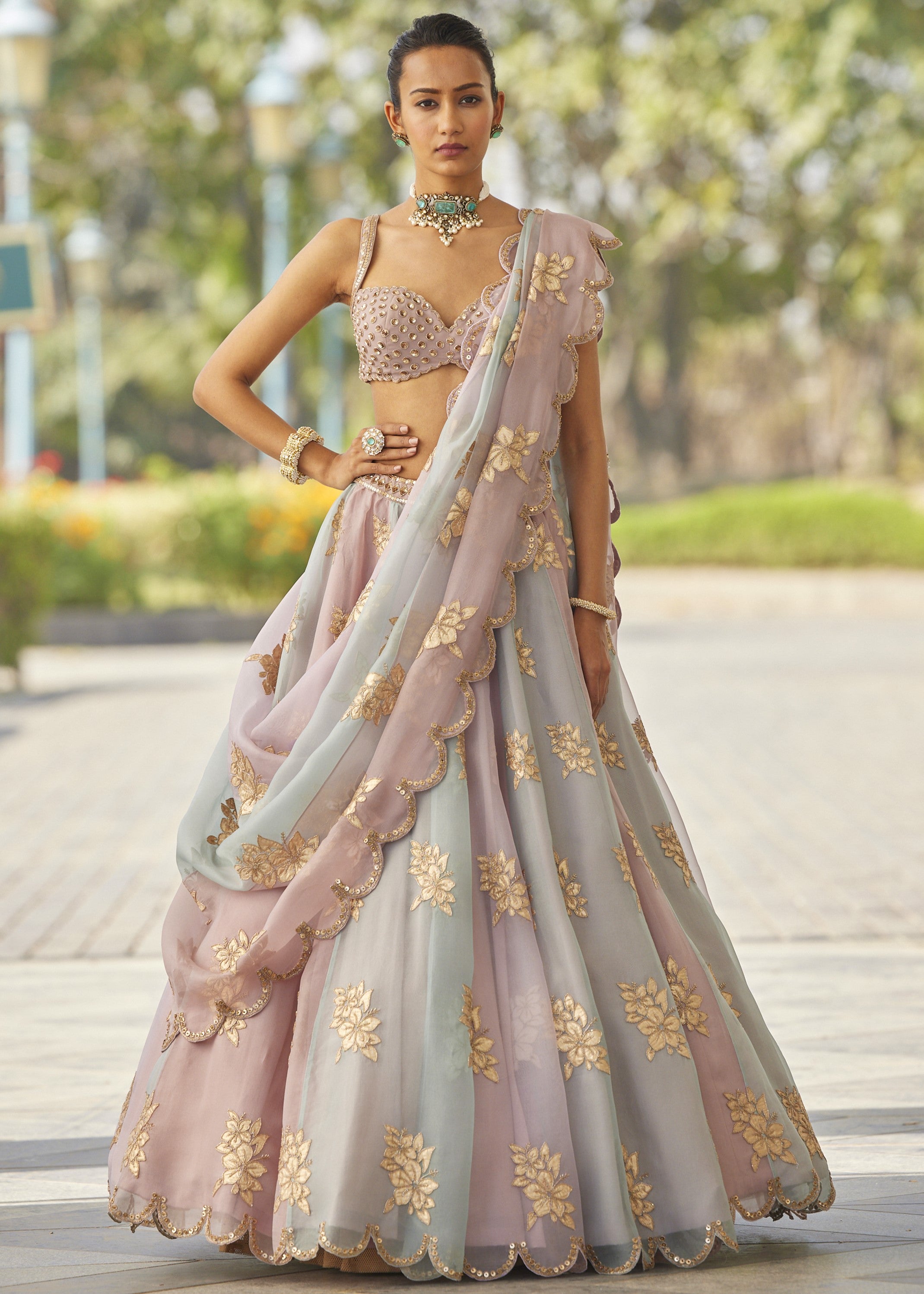 Ash Pink Flower Lehenga Set