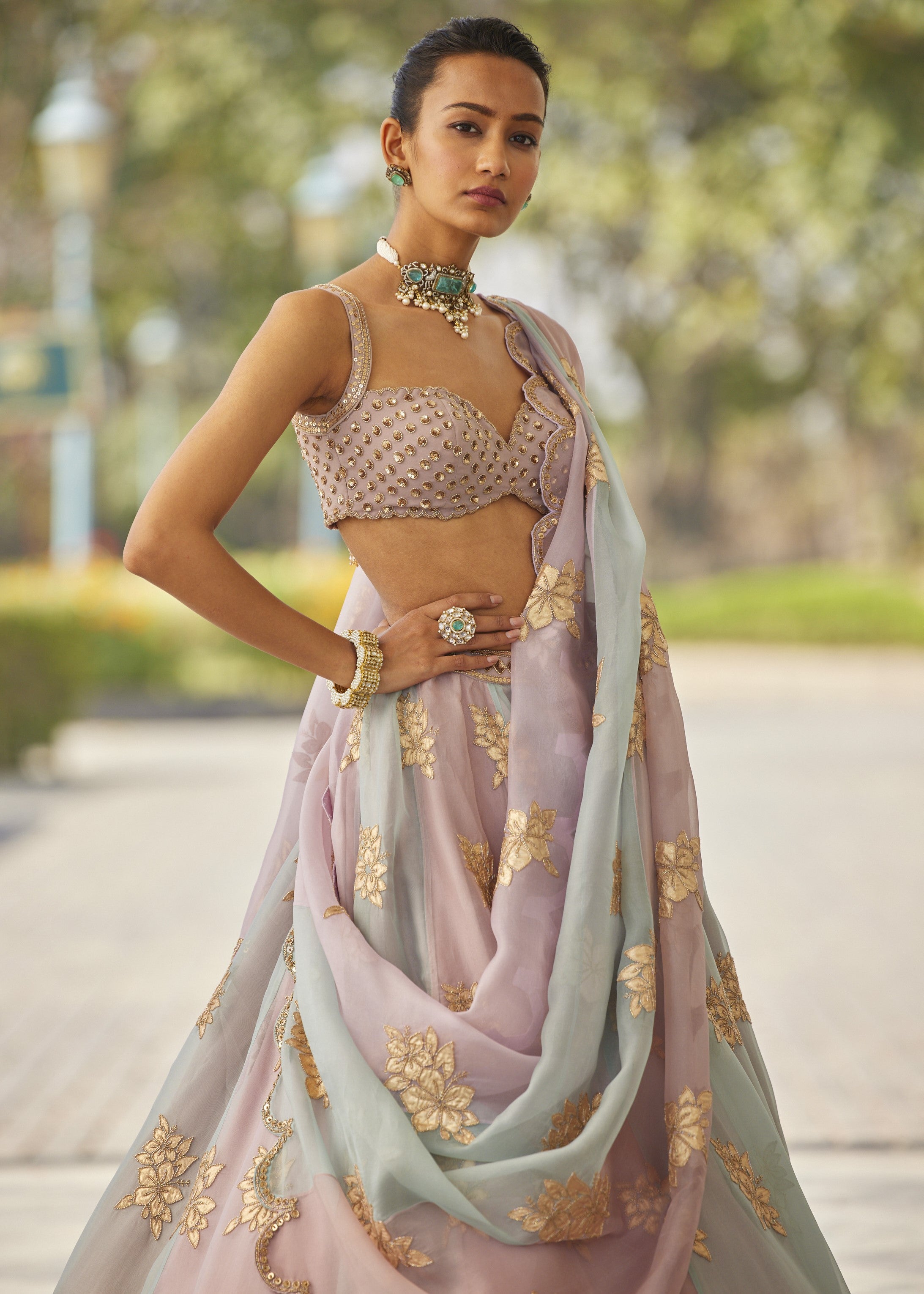 Ash Pink Flower Lehenga Set