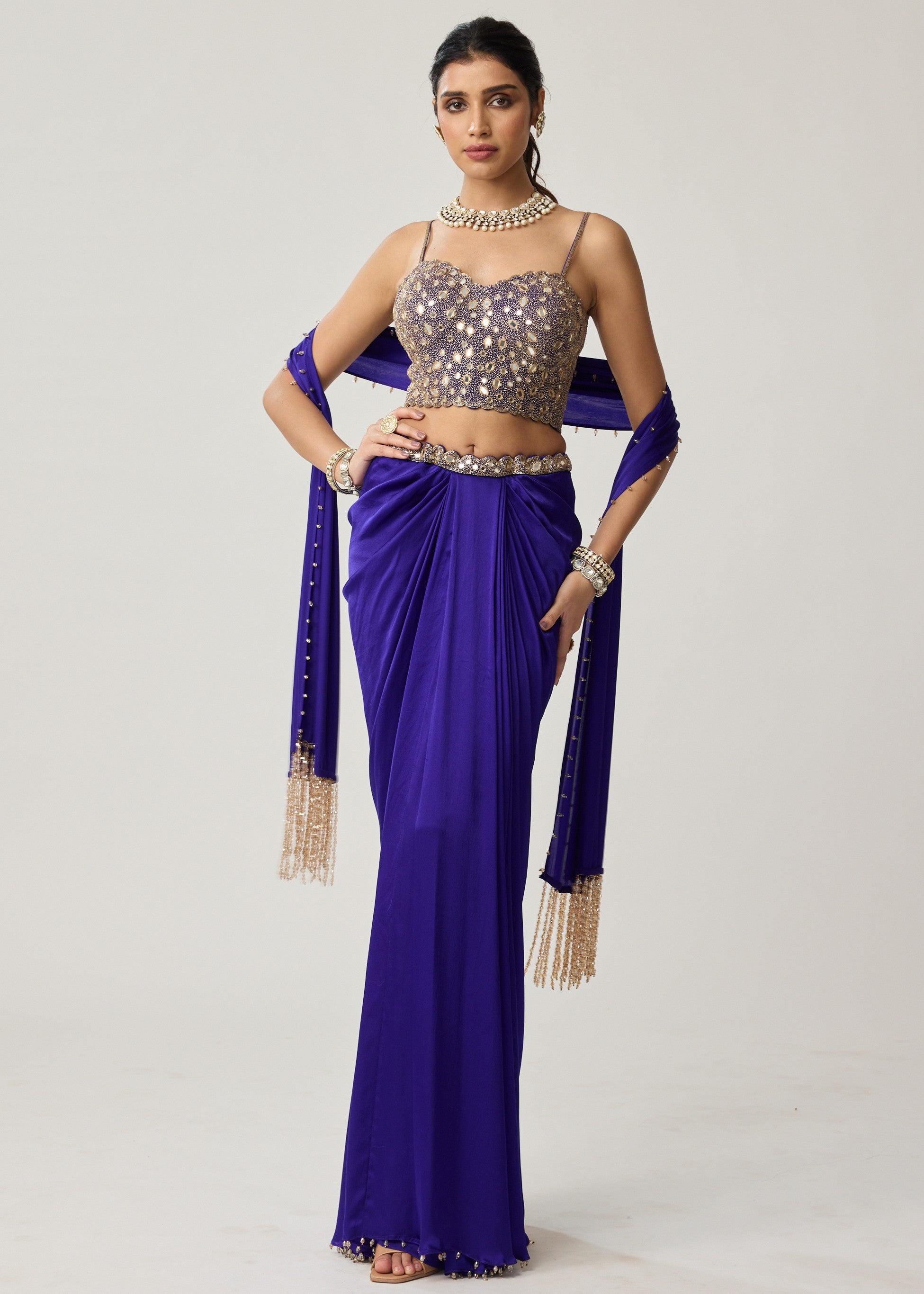 Persian Blue Mirror Corset Satin Draped Skirt Set