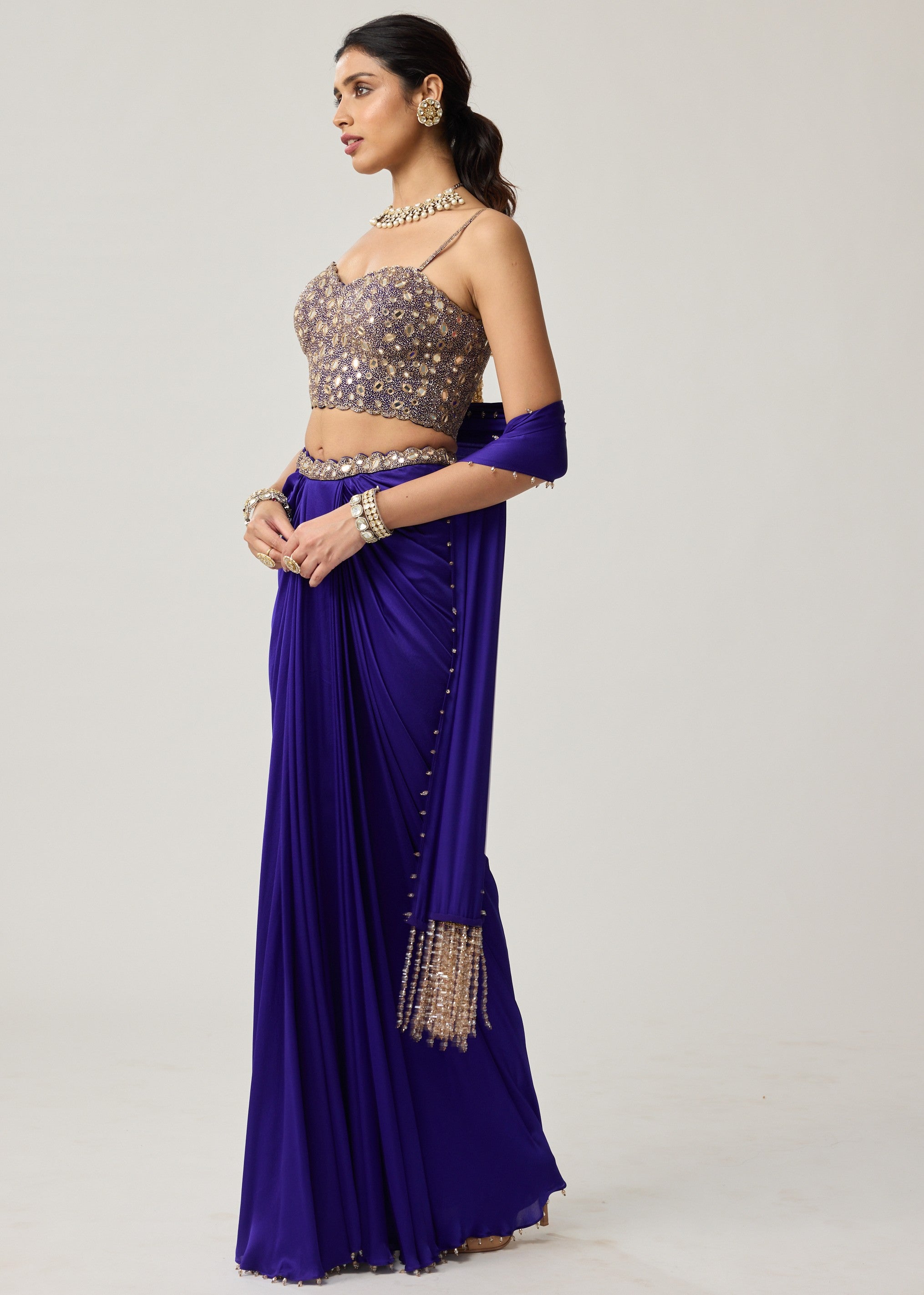 Persian Blue Mirror Corset Satin Draped Skirt Set