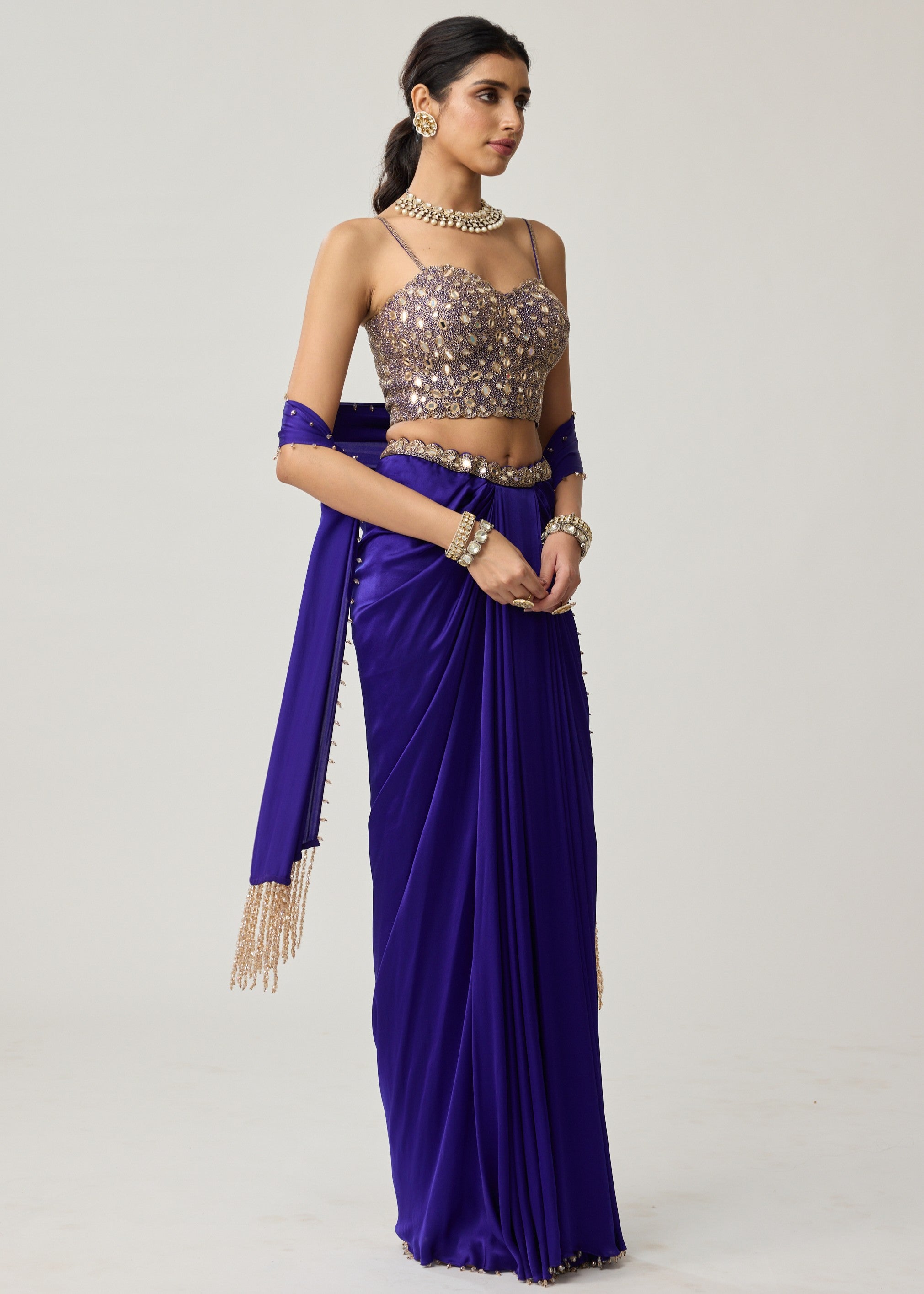 Persian Blue Mirror Corset Satin Draped Skirt Set