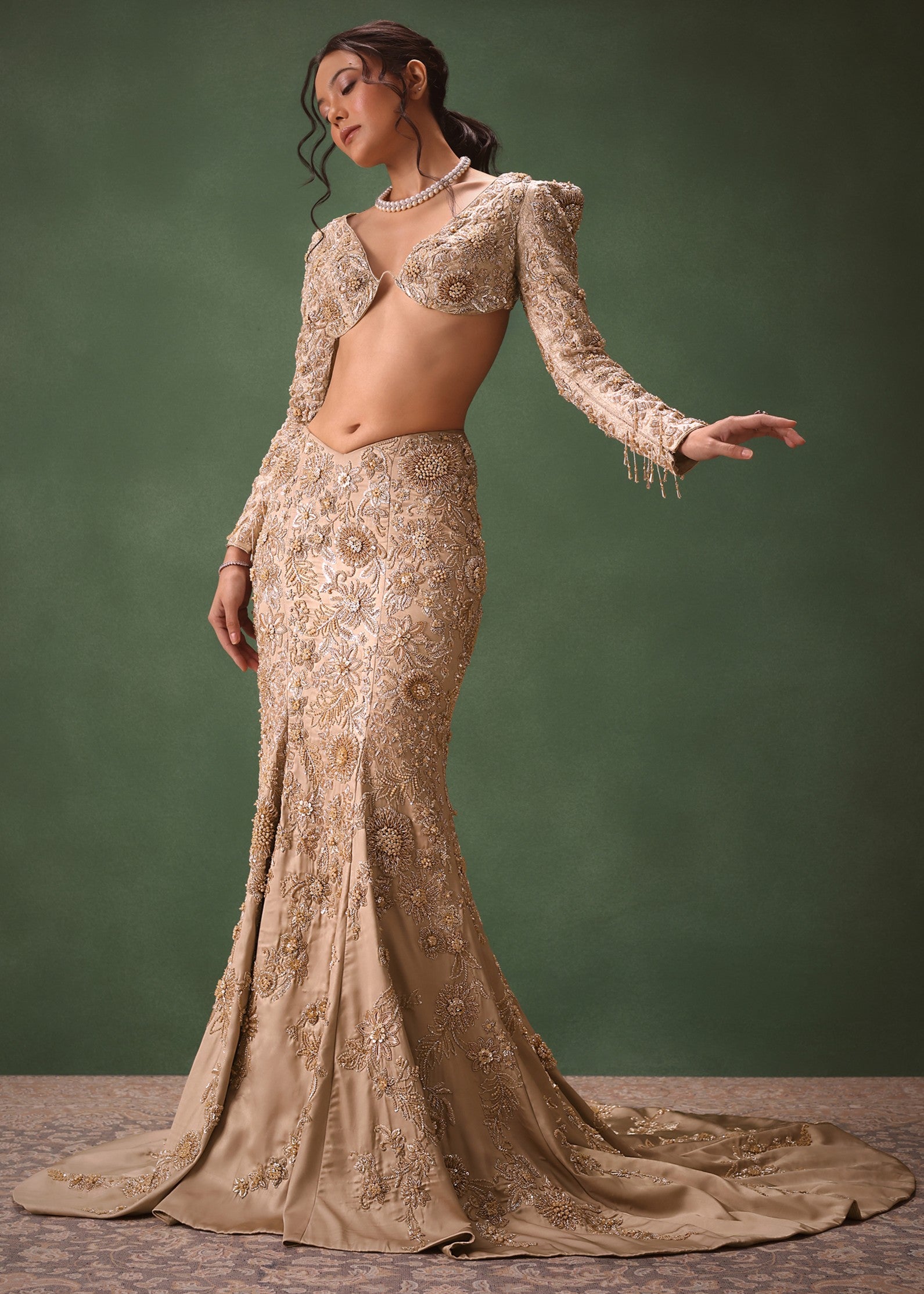 Beige Heavy Embroidered Skirt Set