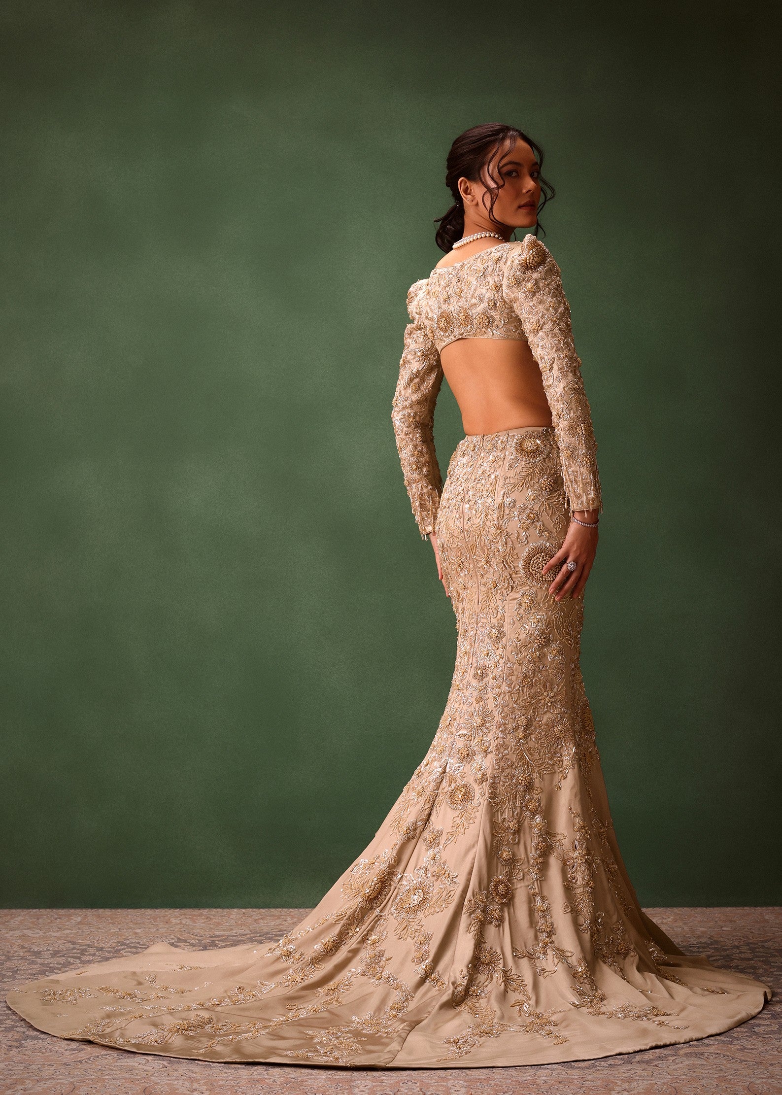 Beige Heavy Embroidered Skirt Set