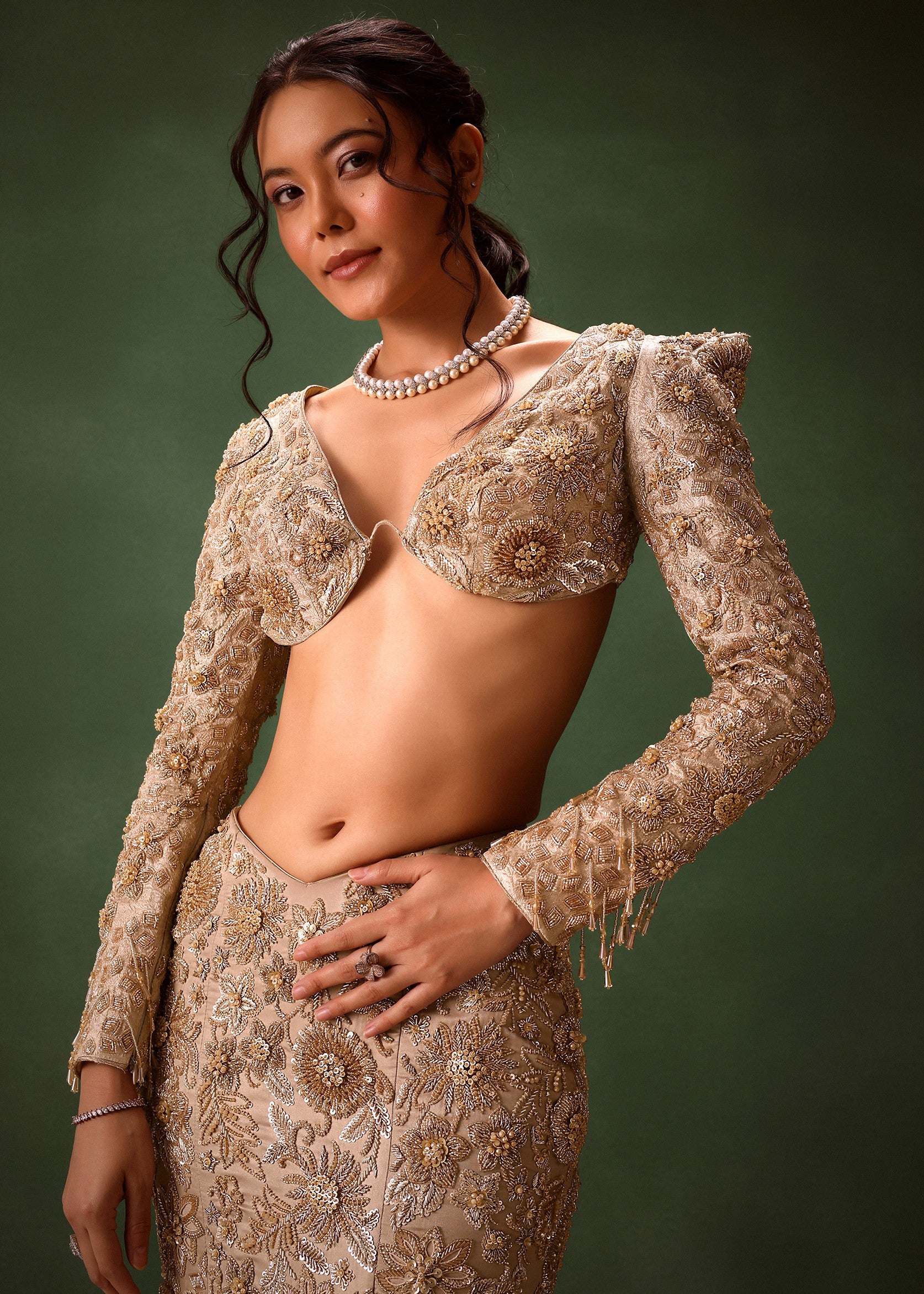 Beige Heavy Embroidered Skirt Set