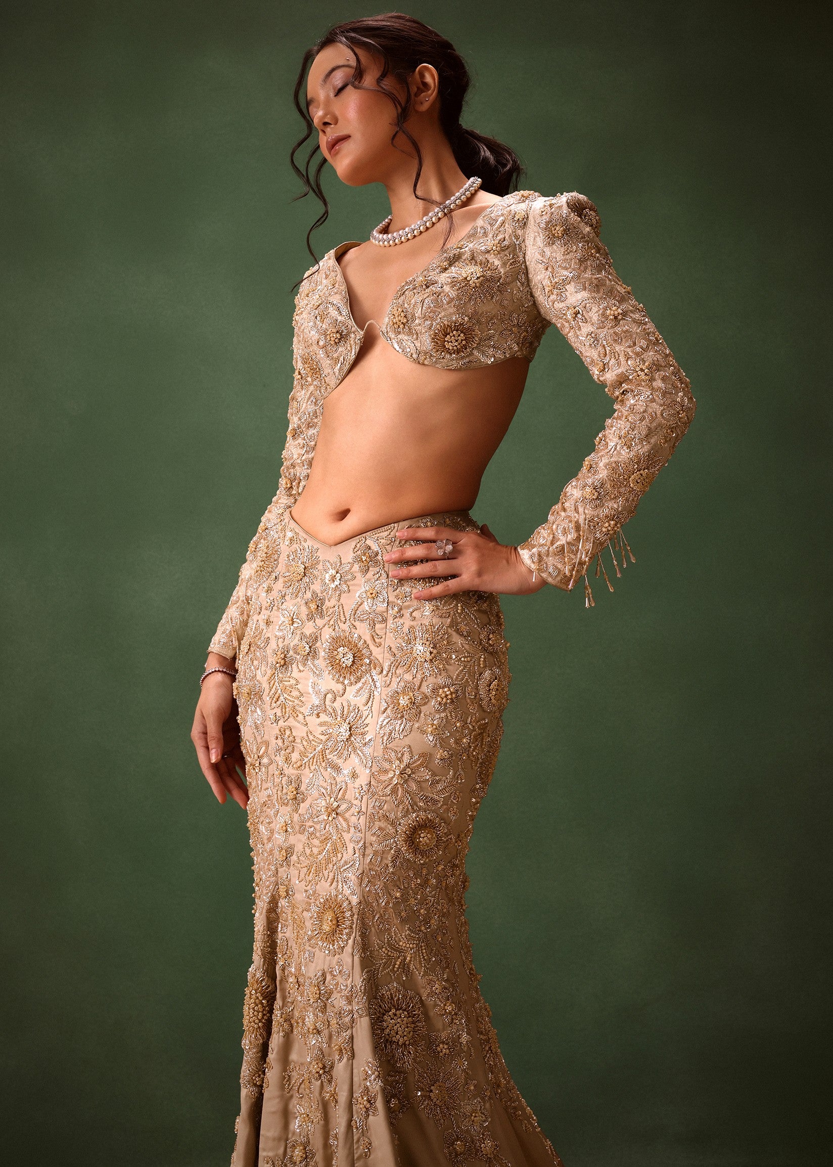 Beige Heavy Embroidered Skirt Set
