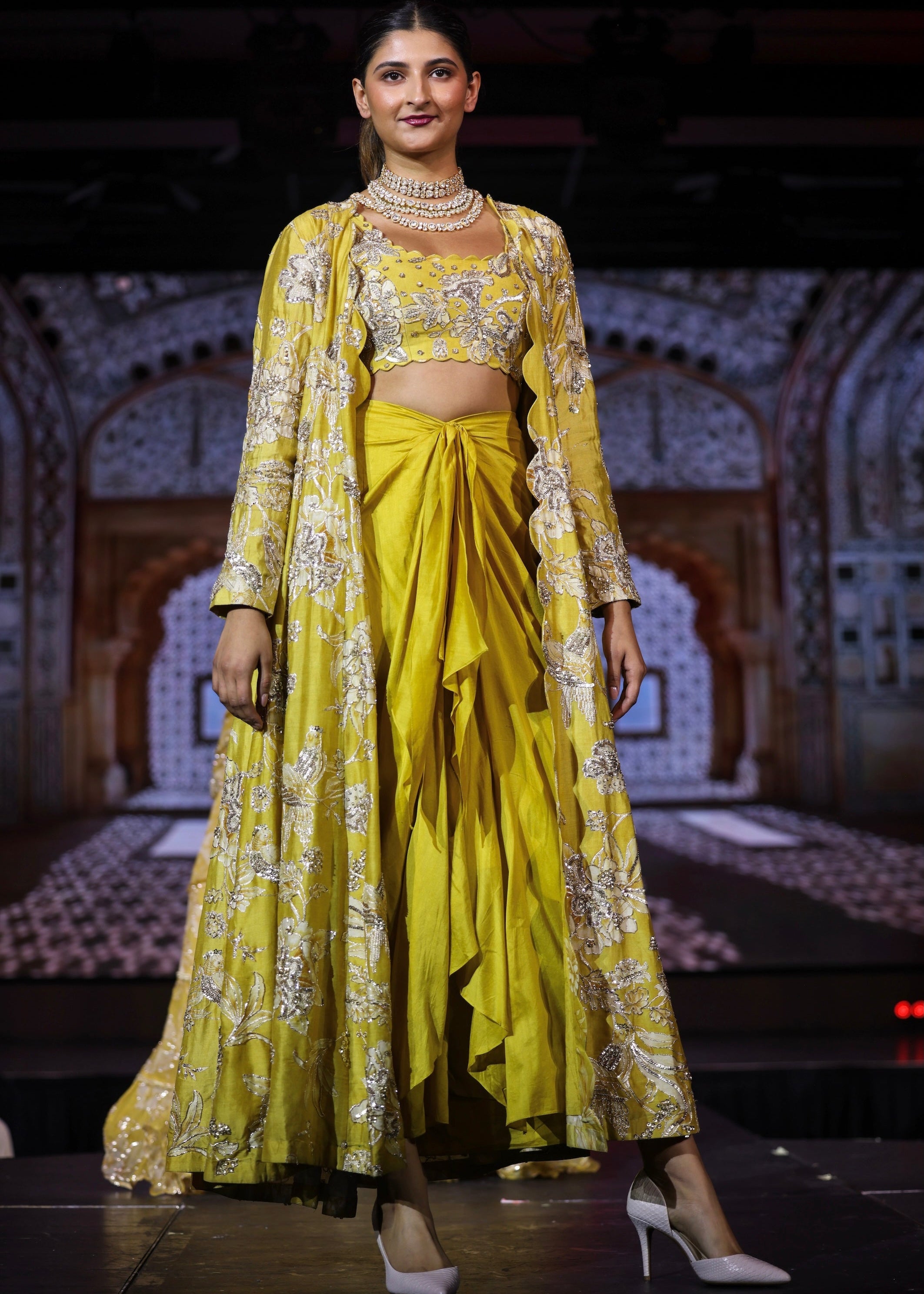 Yellow Long Sleeve Jacket Dhoti Set