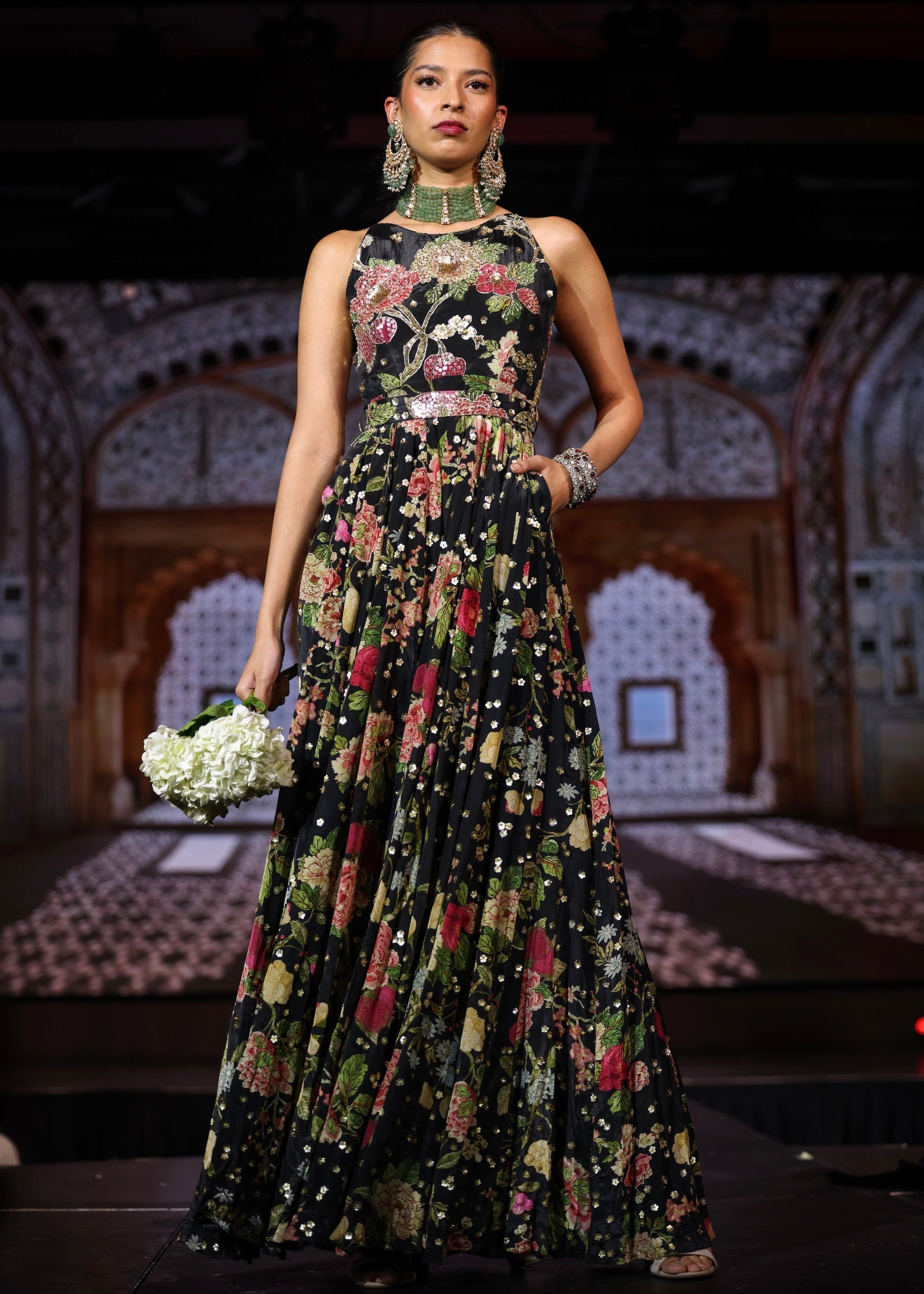 Black Fully Embellished Floral Print Jumpsuit