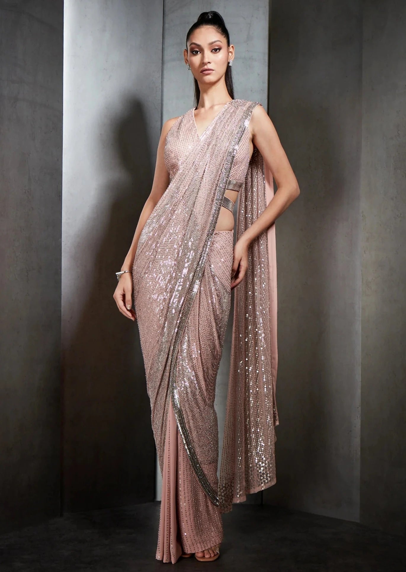 Pink Pre-Stitched Crystal Beaded Fringe Sari