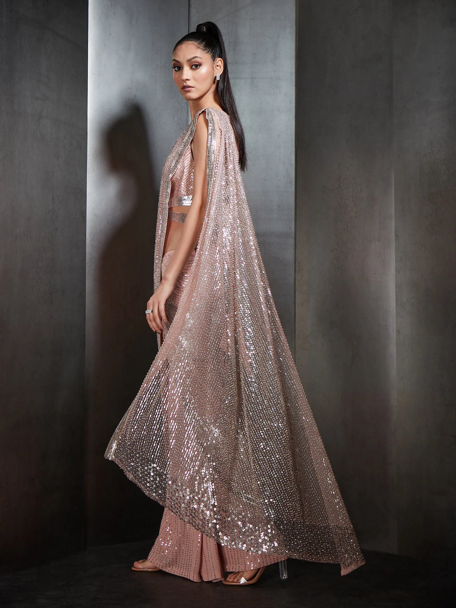 Pink Pre-Stitched Crystal Beaded Fringe Sari