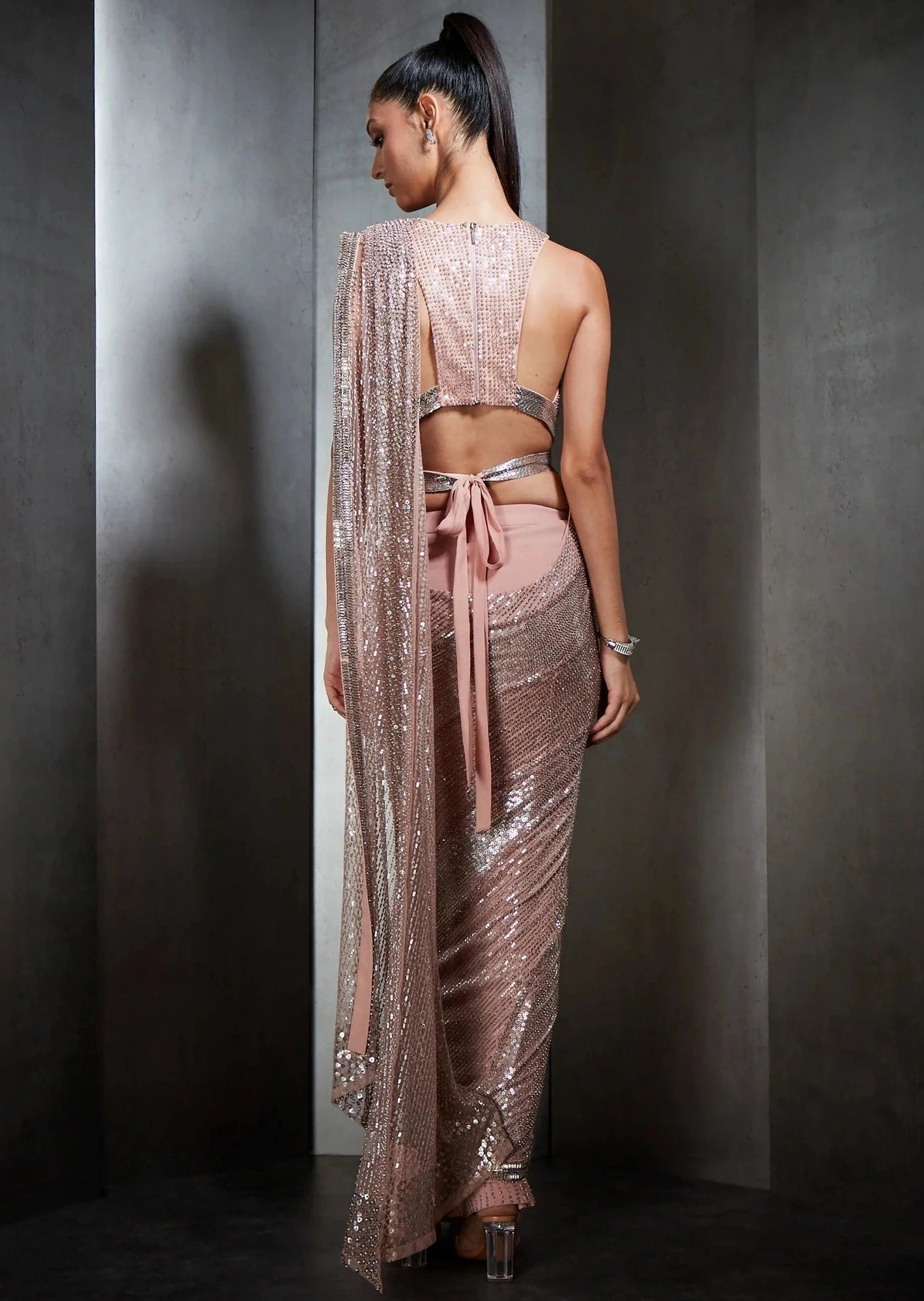 Pink Pre-Stitched Crystal Beaded Fringe Sari