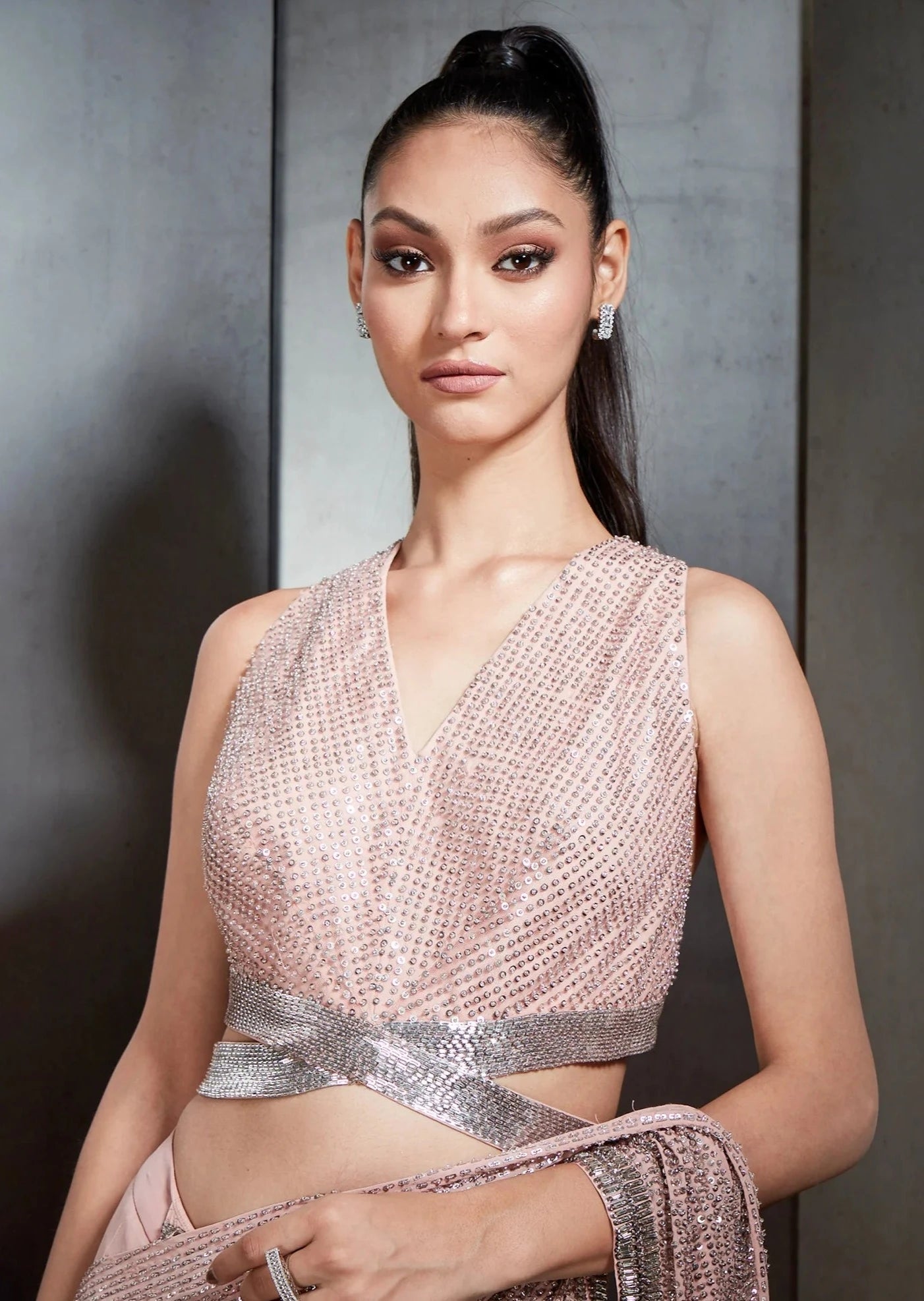 Pink Pre-Stitched Crystal Beaded Fringe Sari