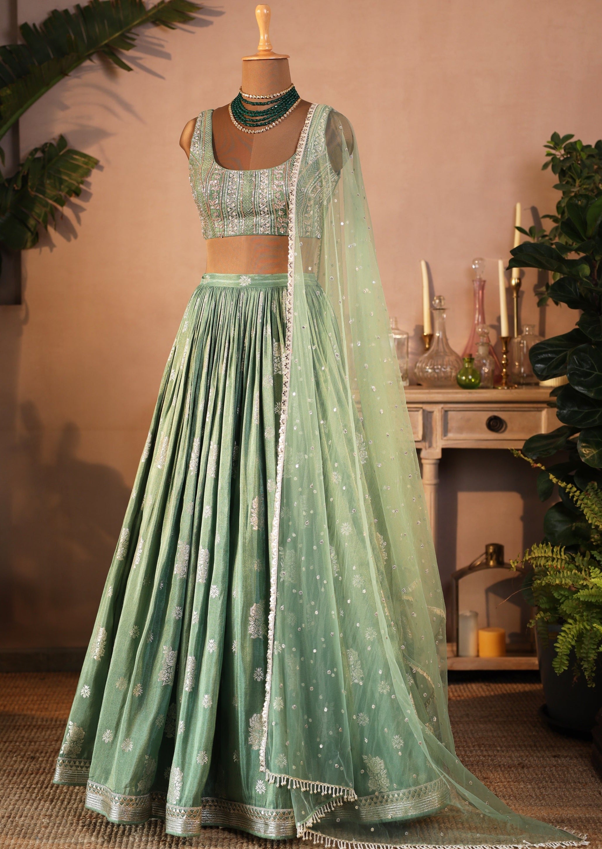 Green Zest Jamewar Lehenga
