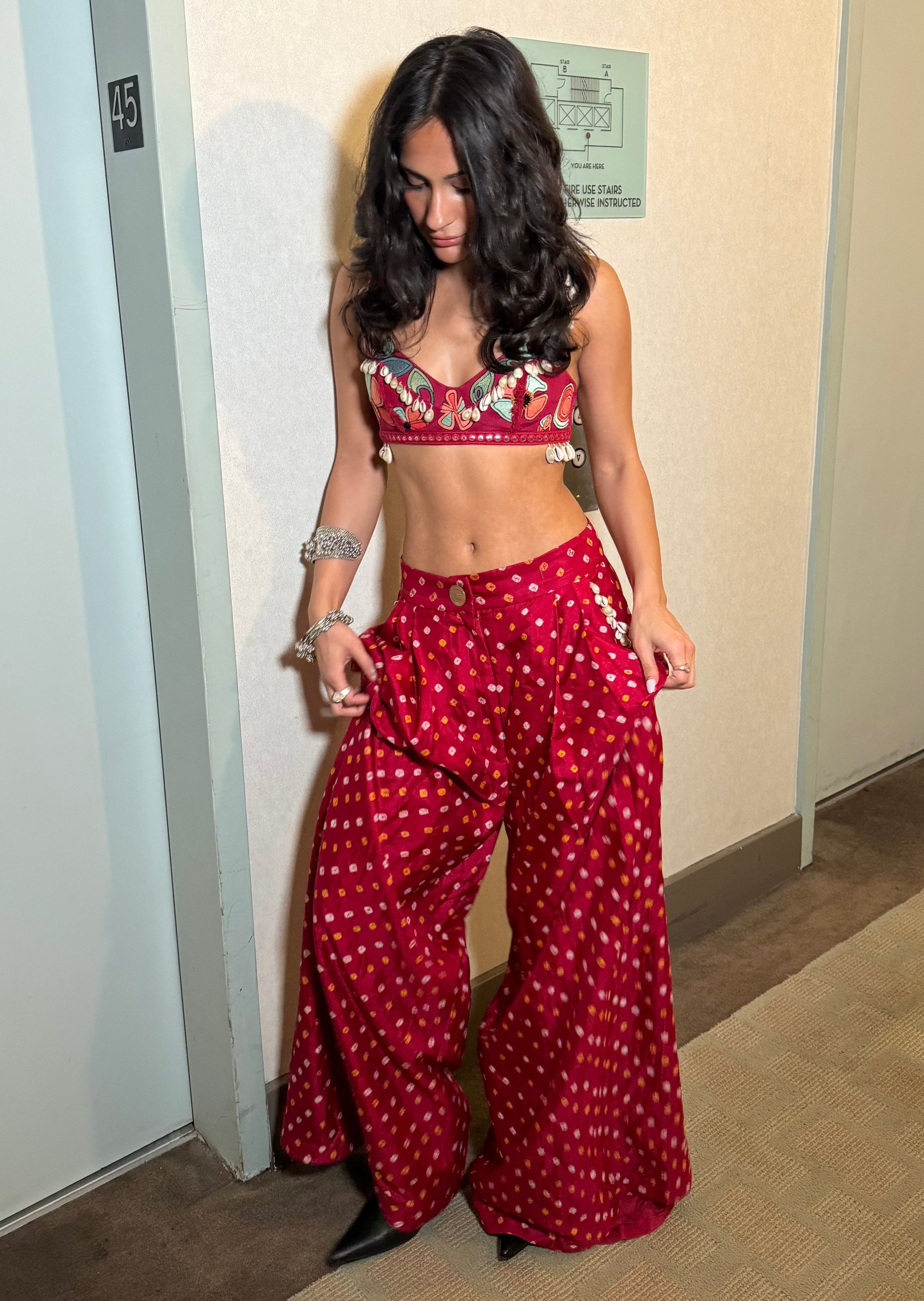 Seashells Bustier Top and Red Bandhani Pant Set
