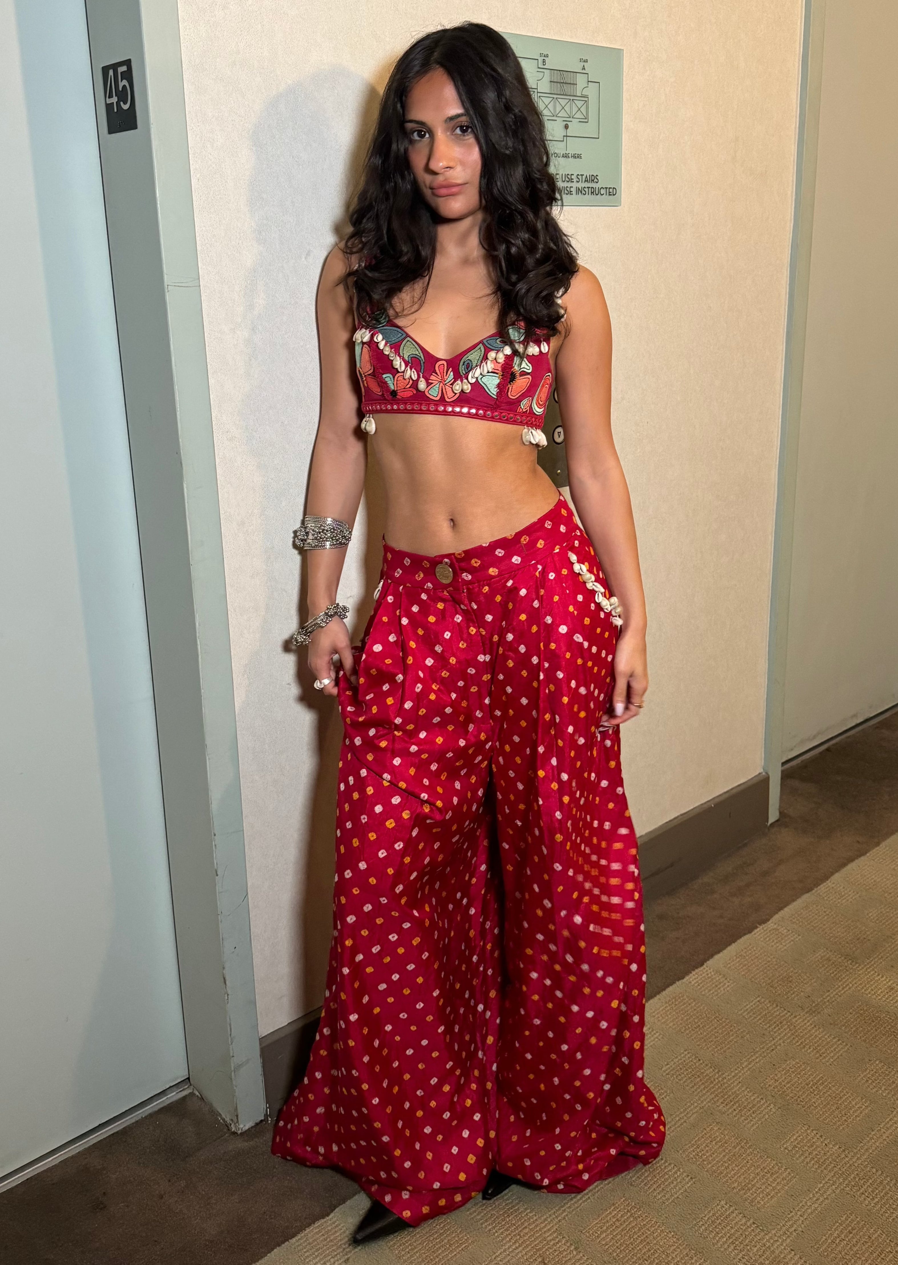 Seashells Bustier Top and Red Bandhani Pant Set
