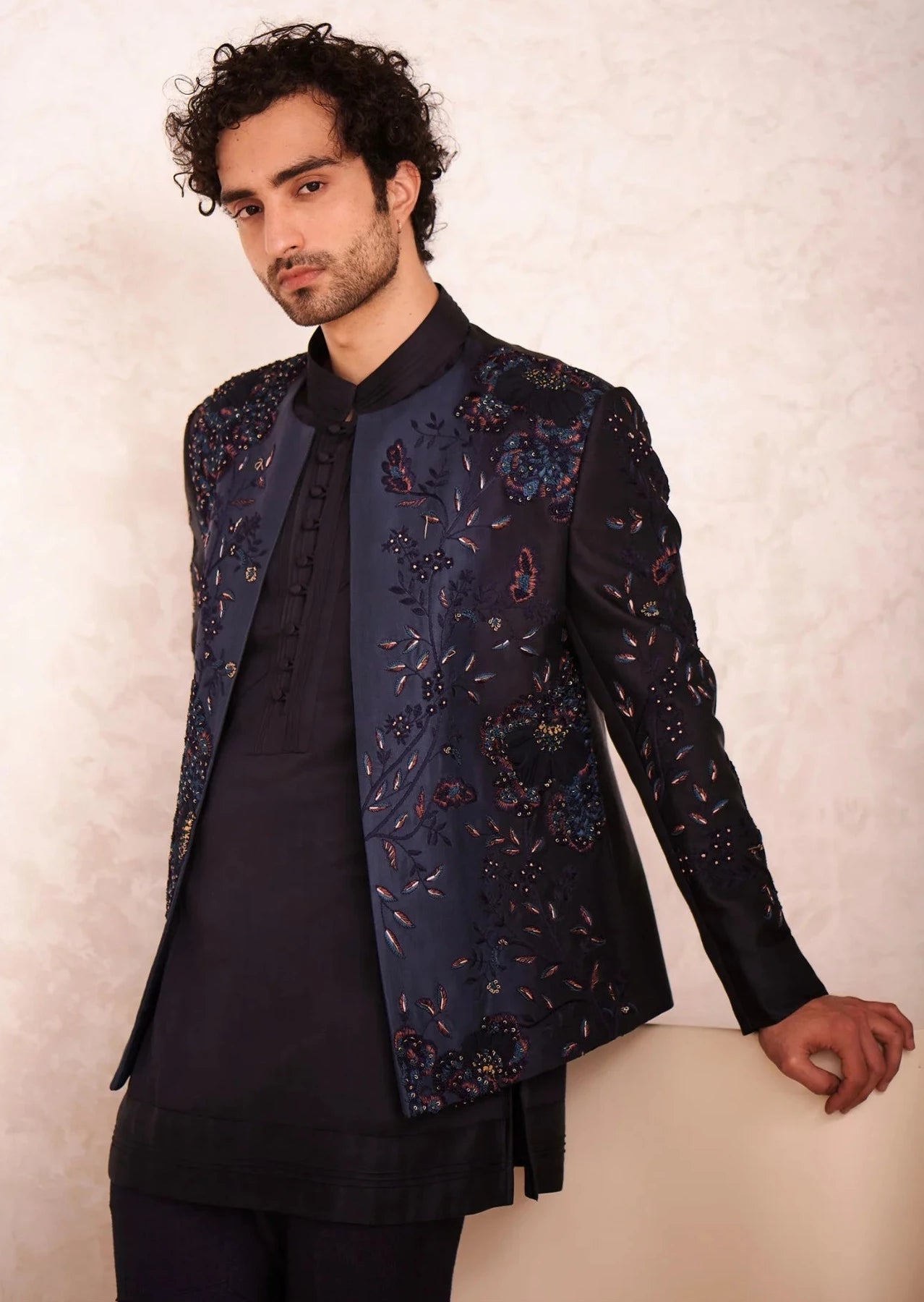 Midnight Blue Embroidered Short Jacket Set