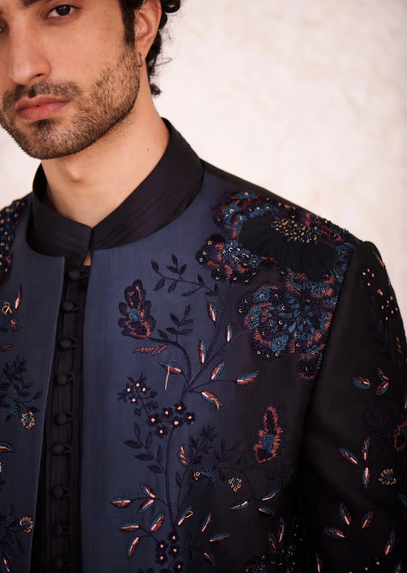 Midnight Blue Embroidered Short Jacket Set