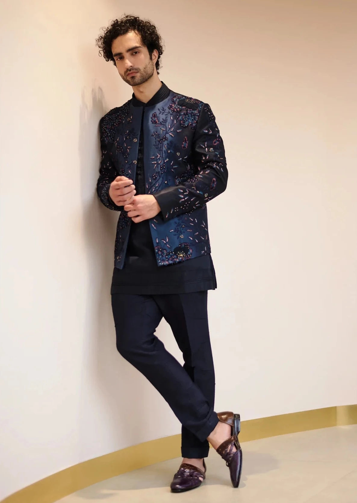 Midnight Blue Embroidered Short Jacket Set