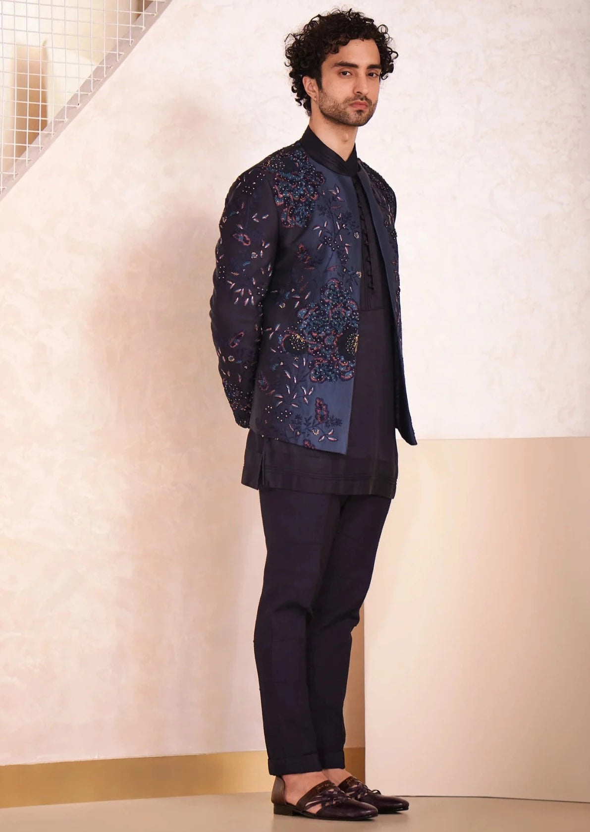 Midnight Blue Embroidered Short Jacket Set