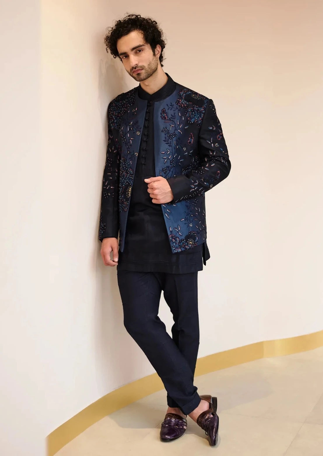 Midnight Blue Embroidered Short Jacket Set