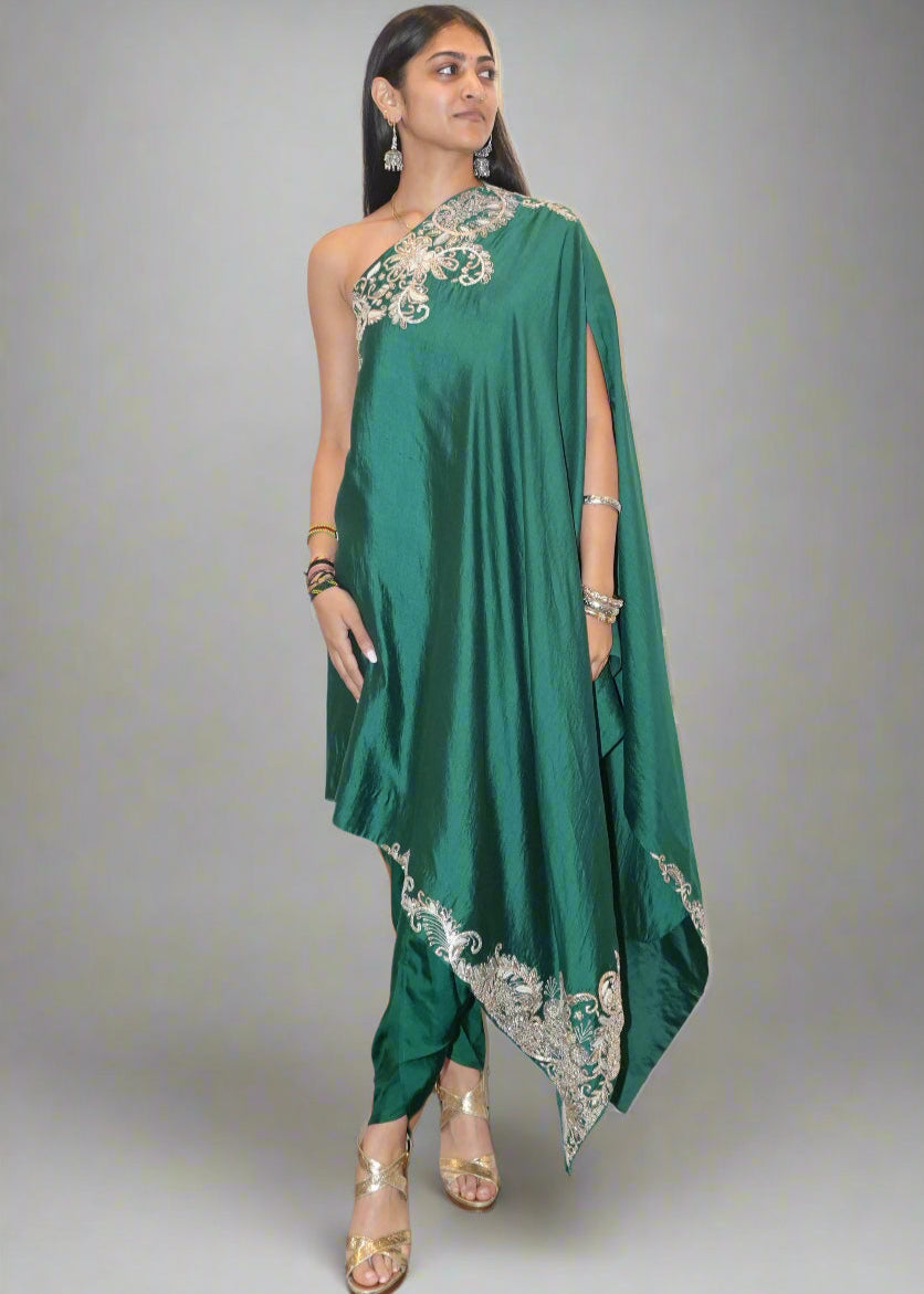 Emerald Green Off-Shoulder Set with Dhoti Pant Xs / Emerald Green
