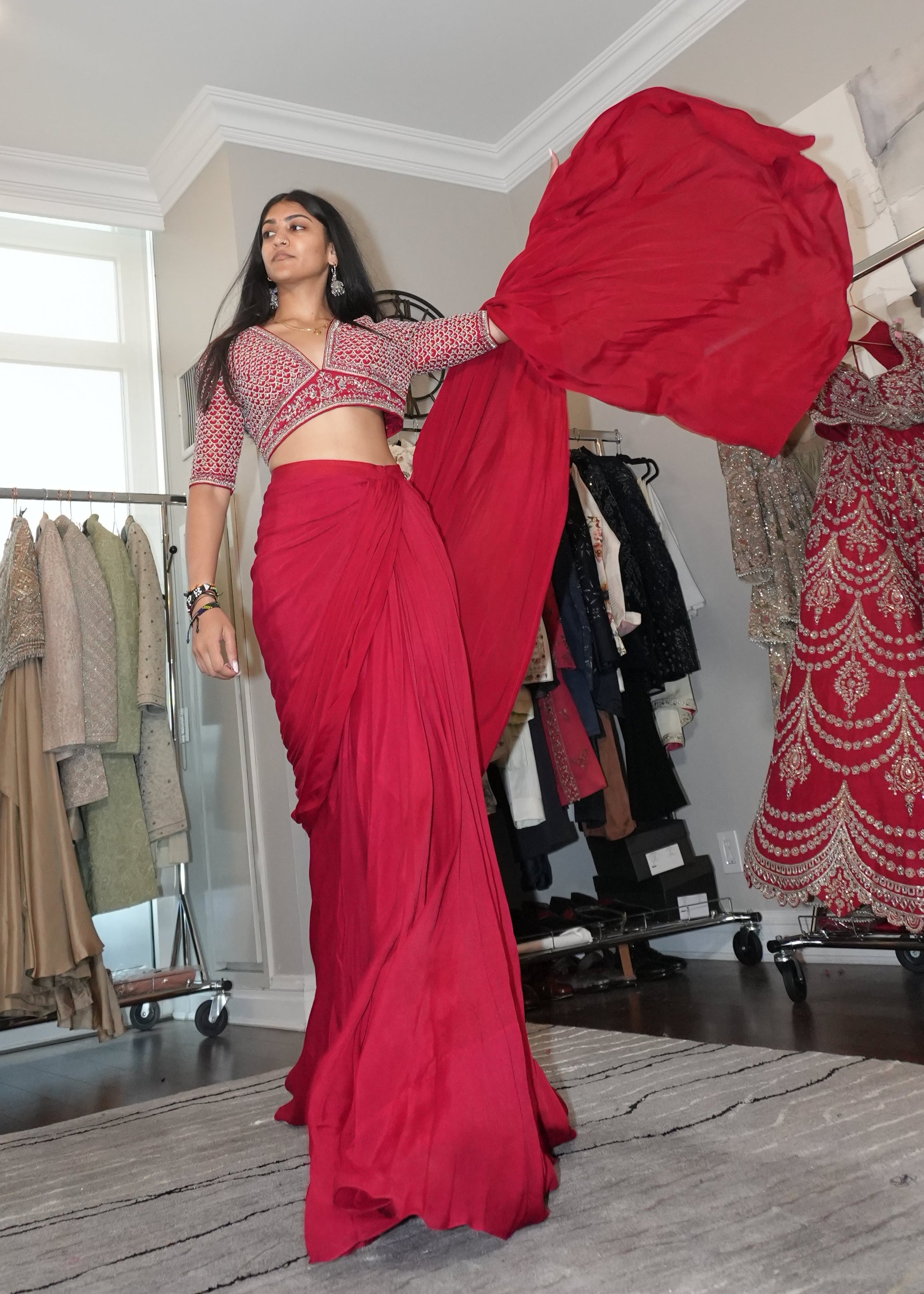 Red Pre-Draped Sari Set