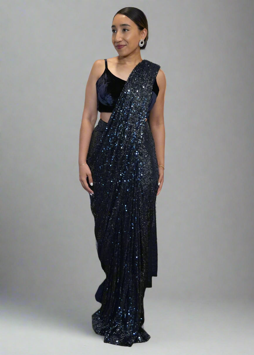 Navy Blue Sequin Pre-Draped Sari