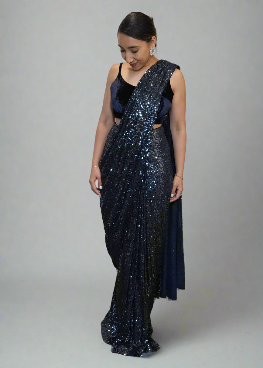 Navy Blue Sequin Pre-Draped Sari