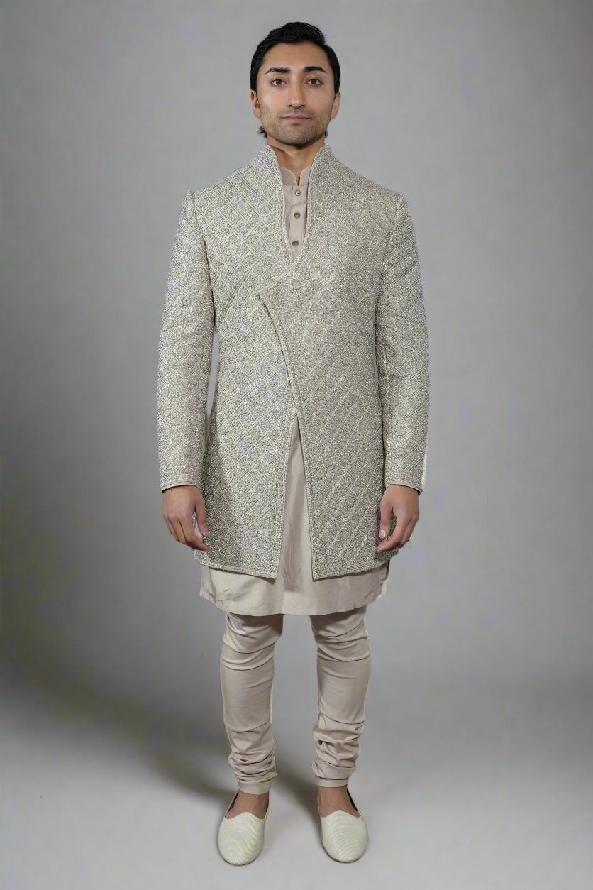 Beige Raw Silk Sherwani Set